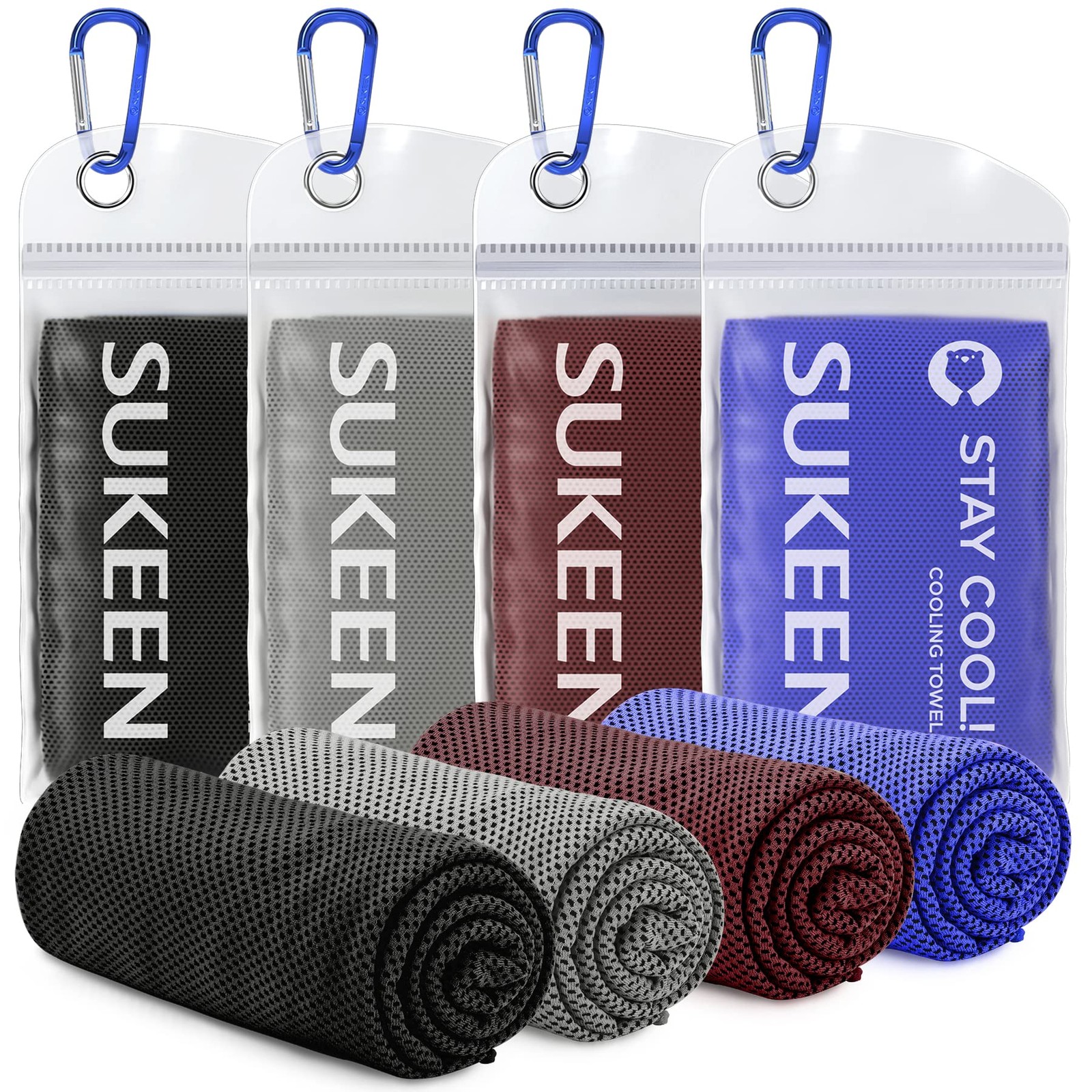 Sukeen 4 Pack Cooling Towels 40″ x 12″, Dark Blue/ Grey/Brown/Black