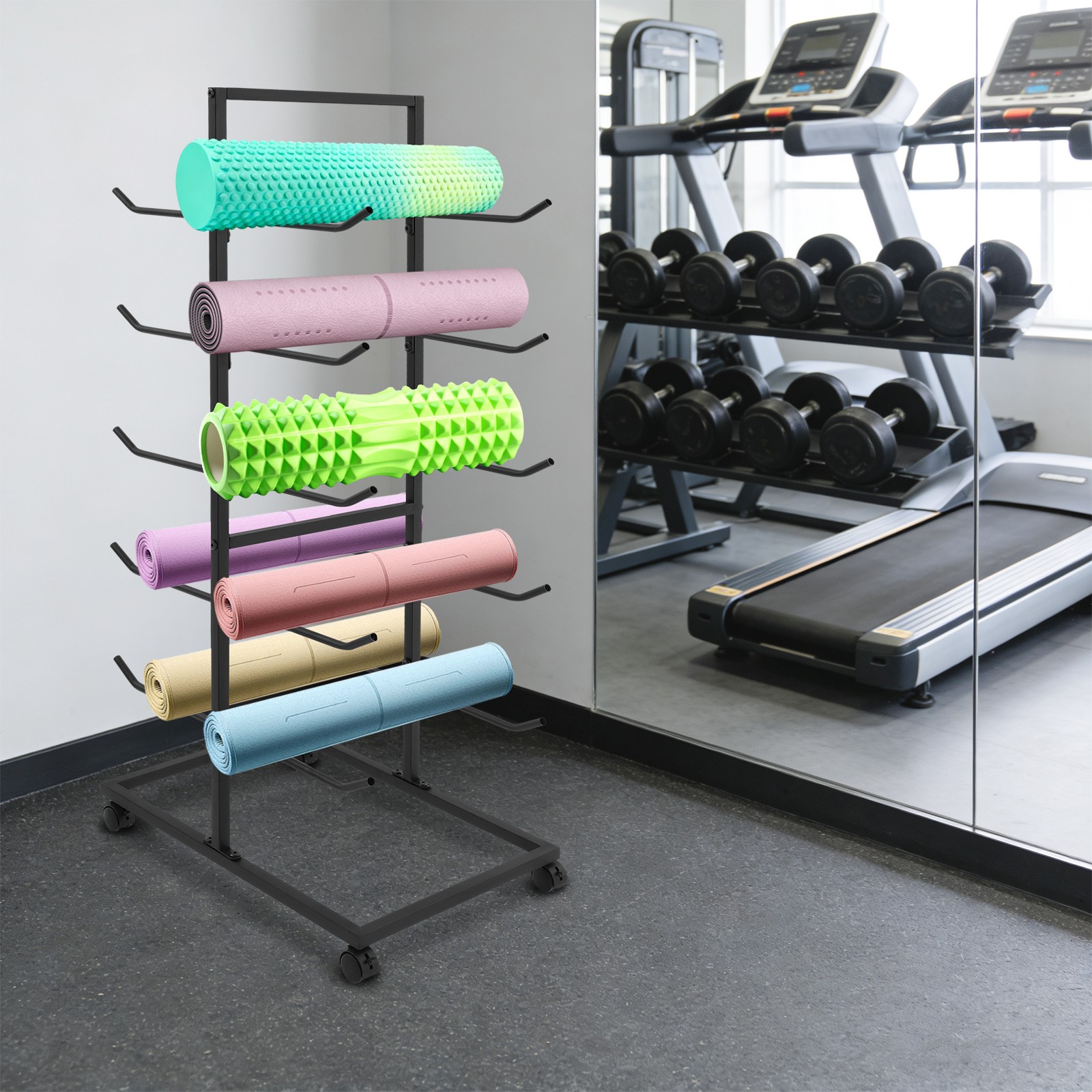 5 Tier Metal Yoga Mat Holder Yoga Mat Storage Rack w/Wheels 60*40*130cm