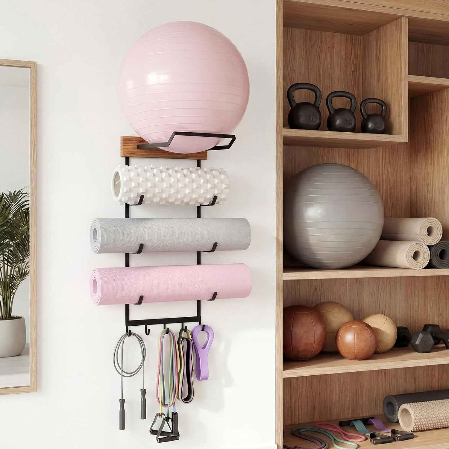 Yoga Mat and Ball Holder Wall Mount, 4-Tier Yoga Mat & Ball Storage Rack,