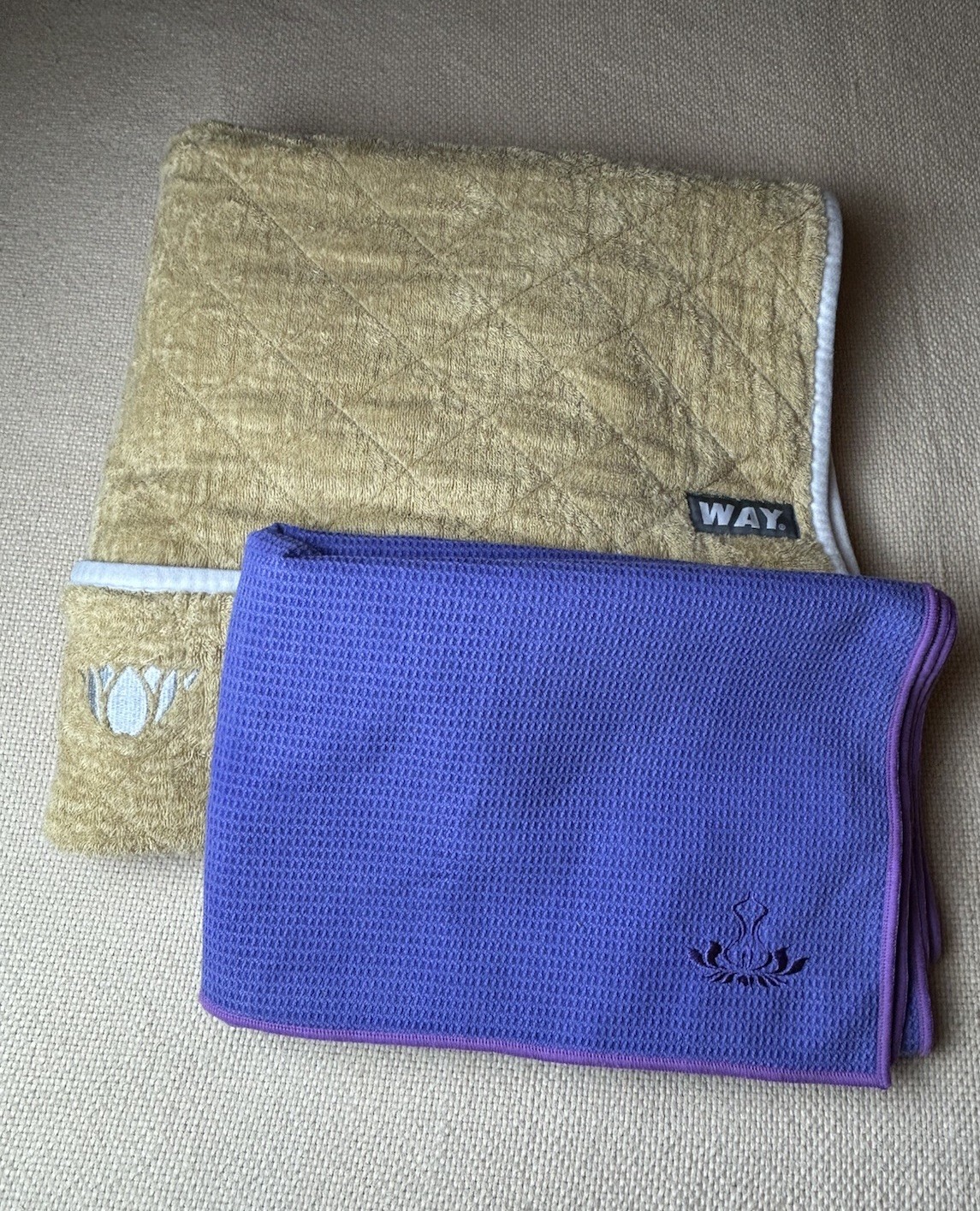 Lot of 2, WAYmat Hot Yoga Thick Mat (wheat) & Heathyoga Thin Mat (purple)