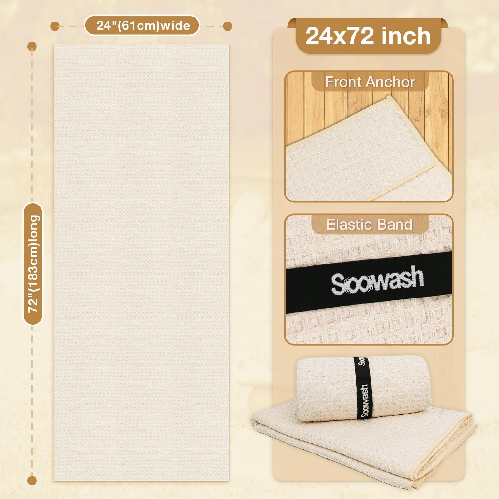 SOOWASH Hot Yoga Towel,Microfiber Mat Towels 24 inch X 72 inch, Beige