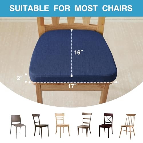 Set of 6 Chair Cushions for Dining Chairs – Non-Slip – Navy Blue – 6 Pack