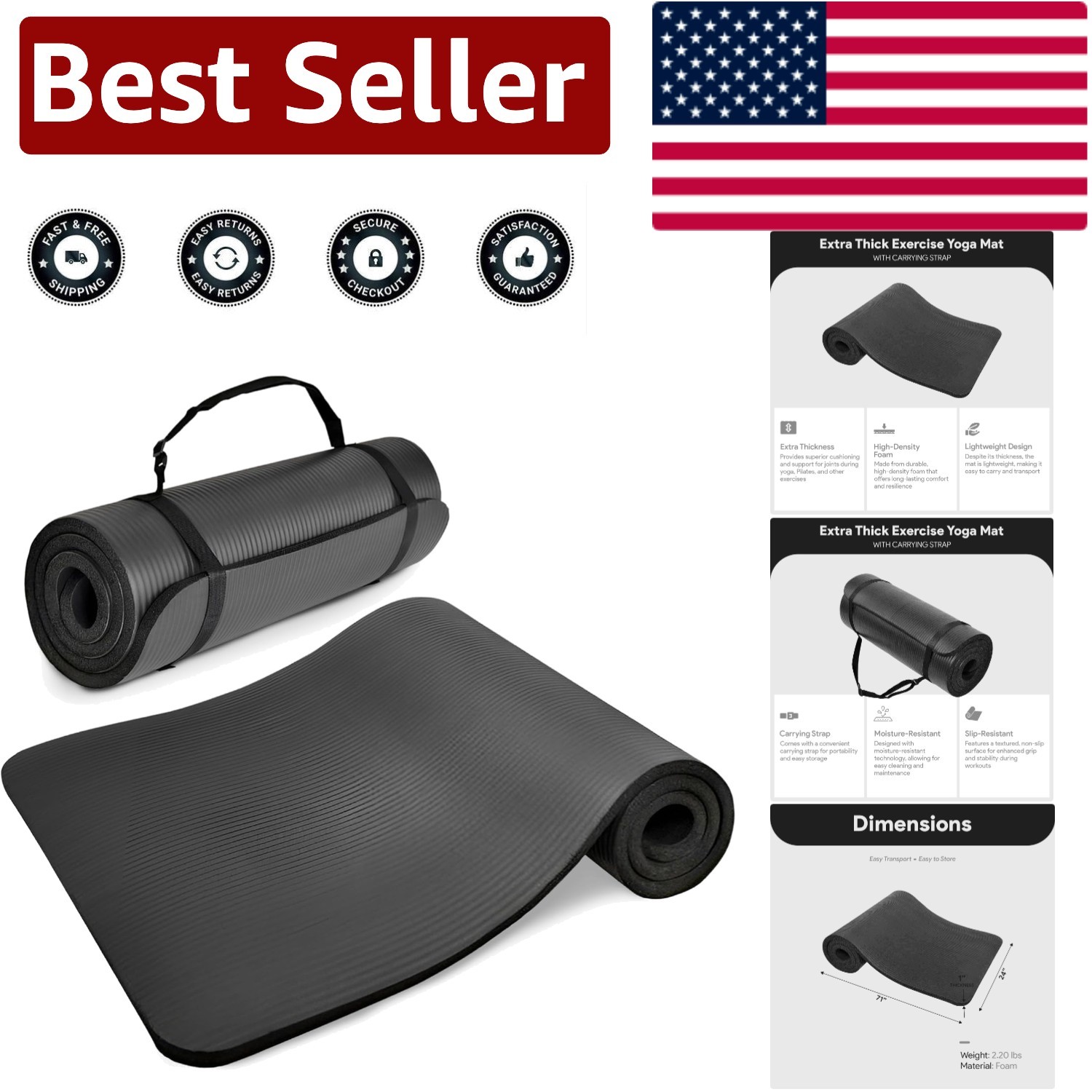 Durable Non-Slip Yoga Mat – 71″x24″ Extra Thick Foam with Moisture Resistance