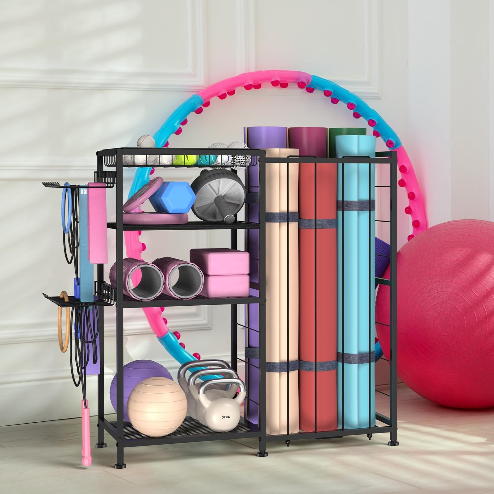 4-Tier Yoga Mat Holder & Home Gym Storage Rack with Hooks & Baskets – Metal Orga