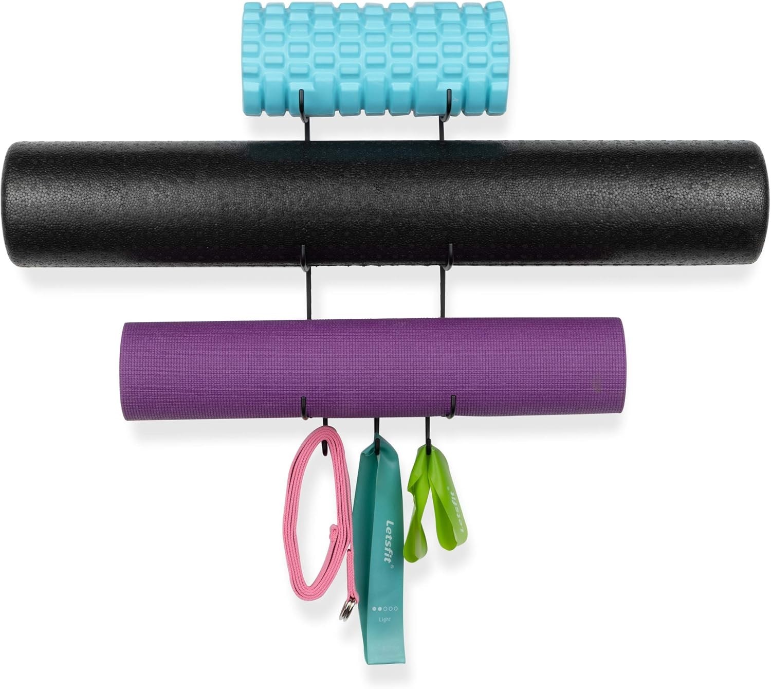Guru Yoga Mat Holder Wall Mount with 3 Hooks for Hanging Yoga Strap, Resistan…