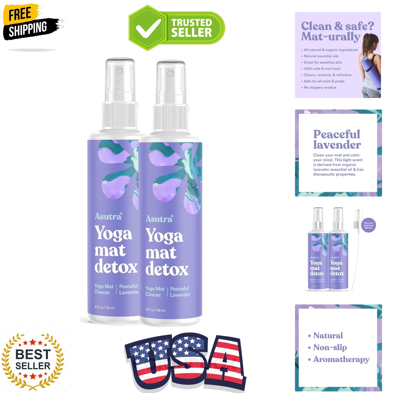 Yoga Mat Cleaner Spray Bundle Peaceful Lavender, 4 fl oz Pack of 2 – No Slipp…