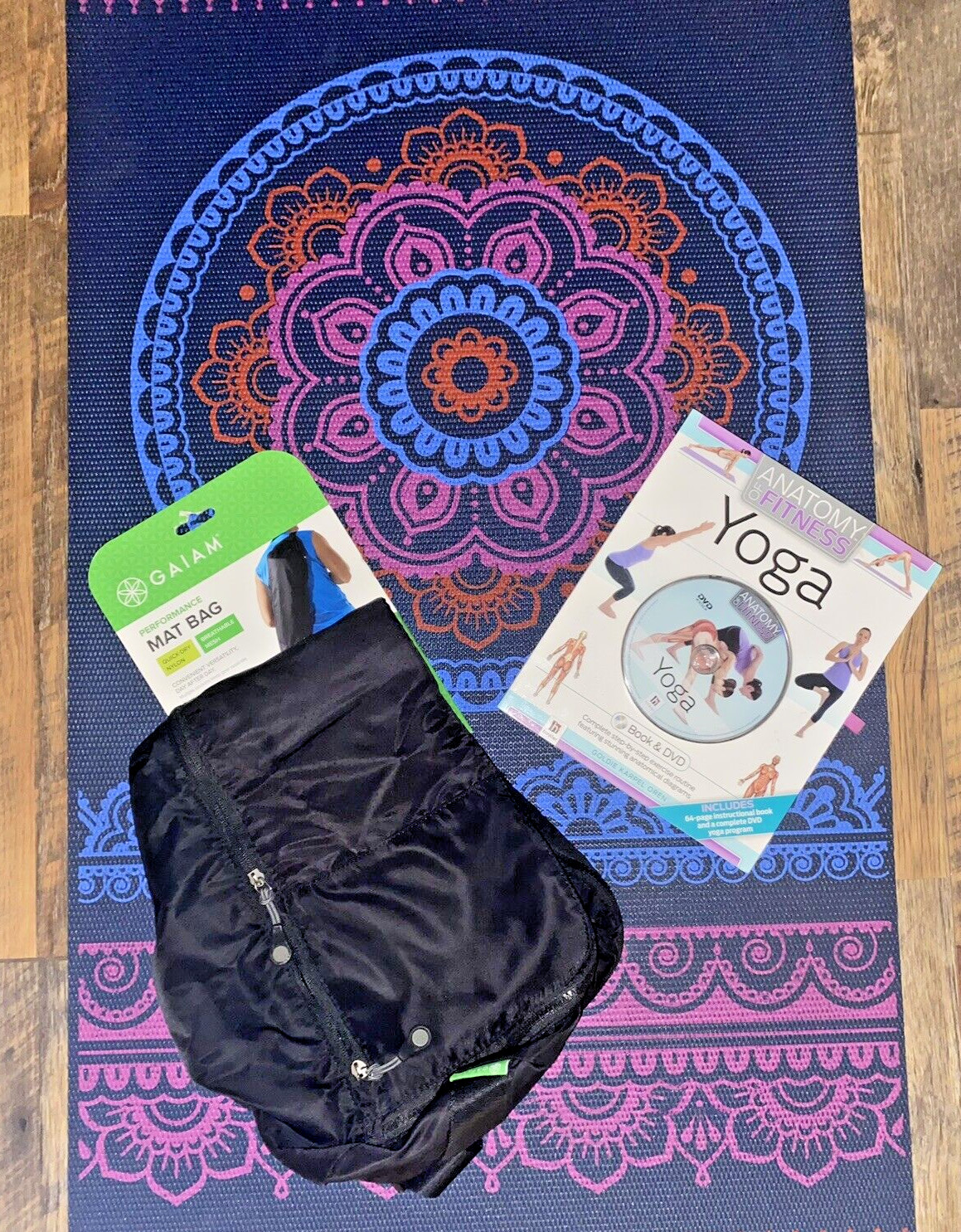 Yoga Gaiam Reversible Moroccan Garden Mat – Black Bag – Yoga DVD and Book Bundle