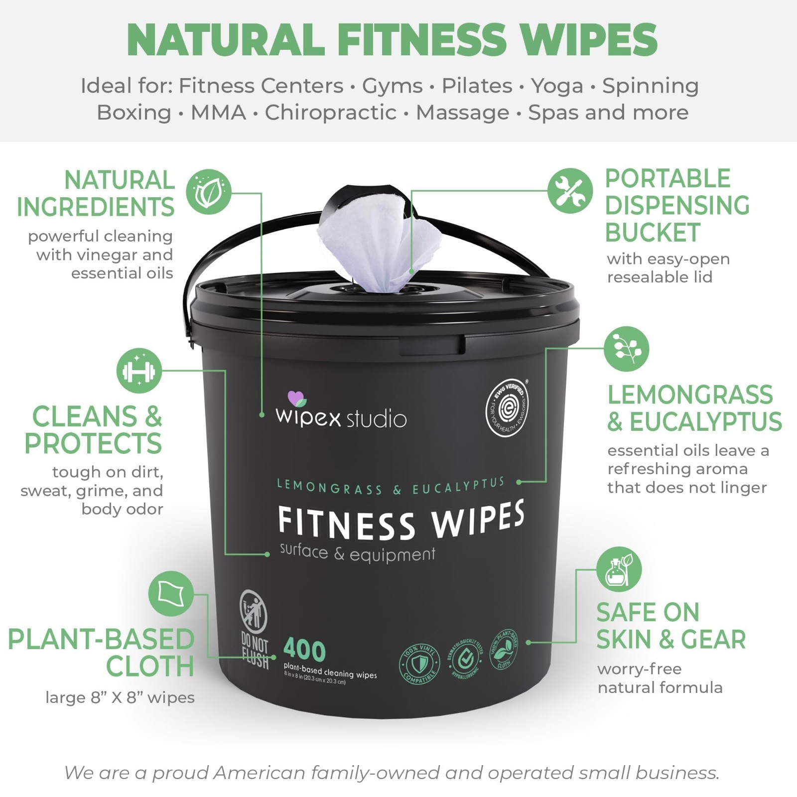 Plant-Based Yoga Mat Cleaner Wipes, 400 Ct, EWG Verified, Lemongrass & Eucalyptu