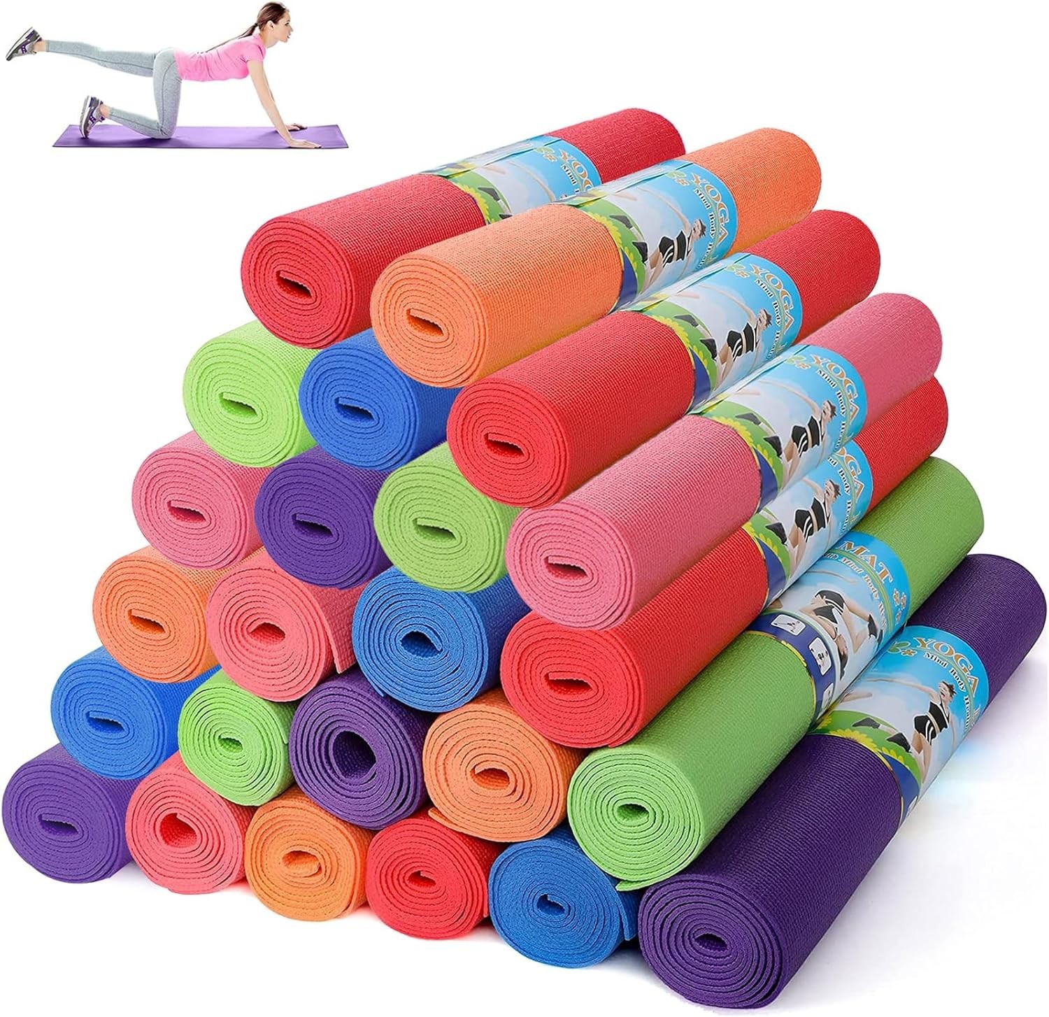 24 Pcs Yoga Mats Bulk – Non Slip, Lightweight Professional Colorful Exercise Mat