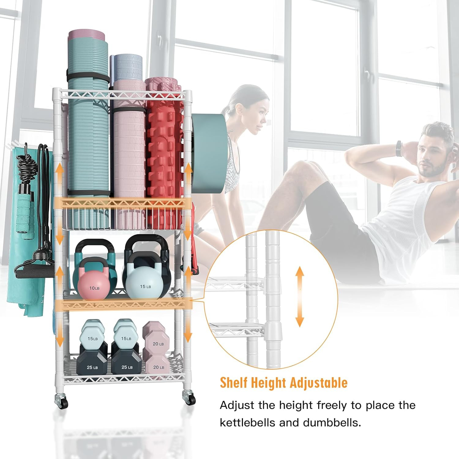 S1 Home Gym Storage, 3-Tier Workout Equipment Organizer with Wheels for Yoga Mat