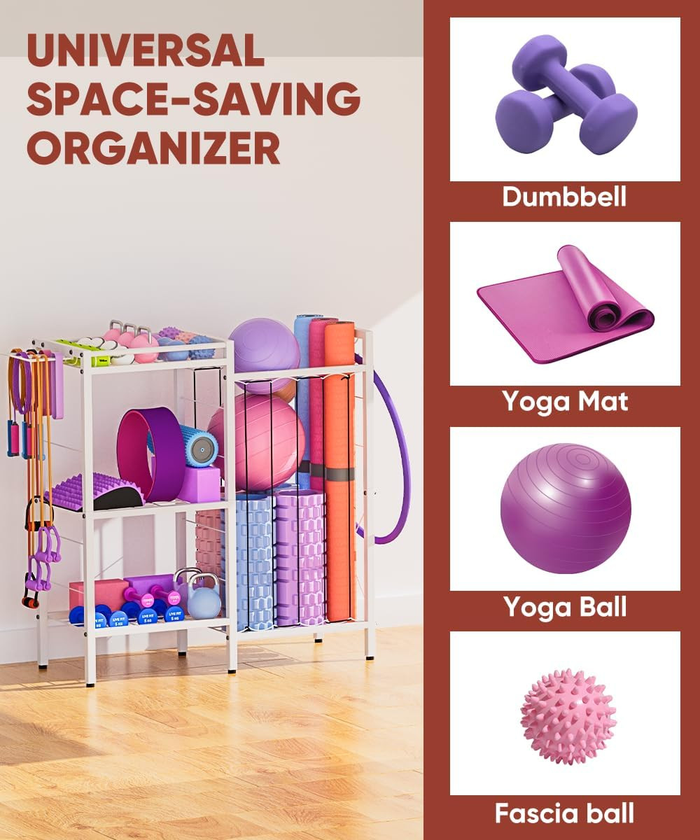 3-Tier Dumbbell & Yoga Mat Storage Rack with Hooks for Home Gym Organization