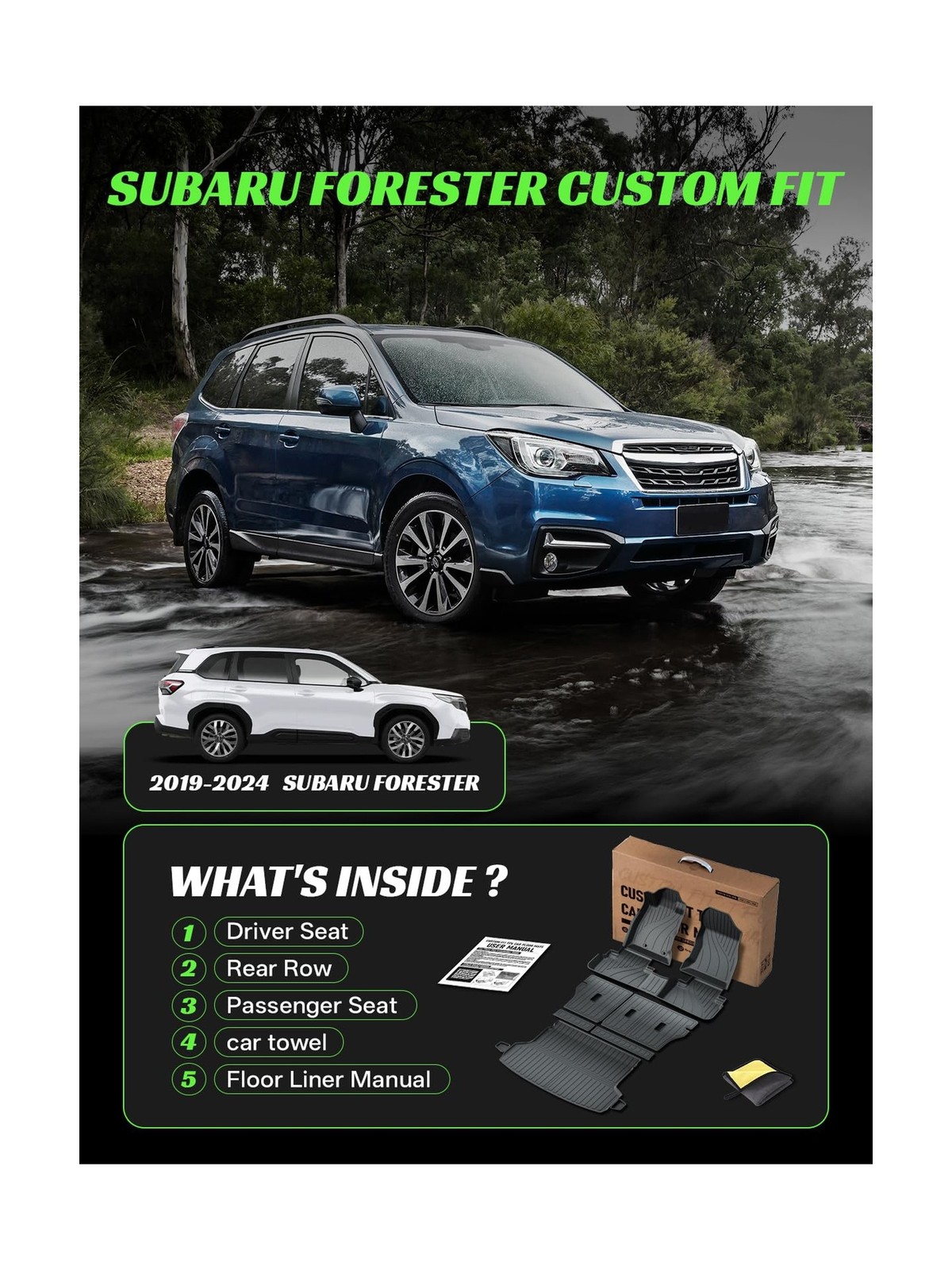 TPE Floor Mats &Trunk Mat for Subaru Forester 2019-2024 with Backrest Mat，