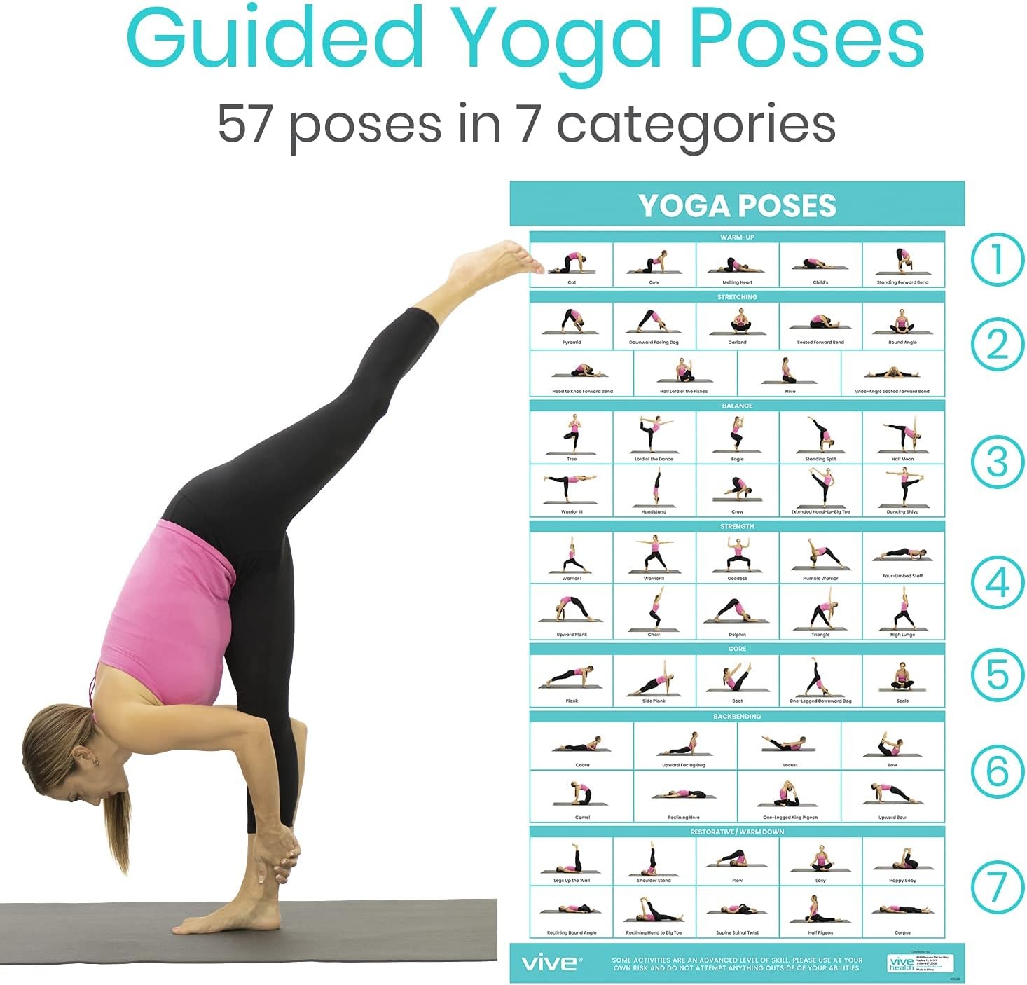Vive Yoga Poster Poses for Beginners and Experts Mat Exercise Home Gym Workout