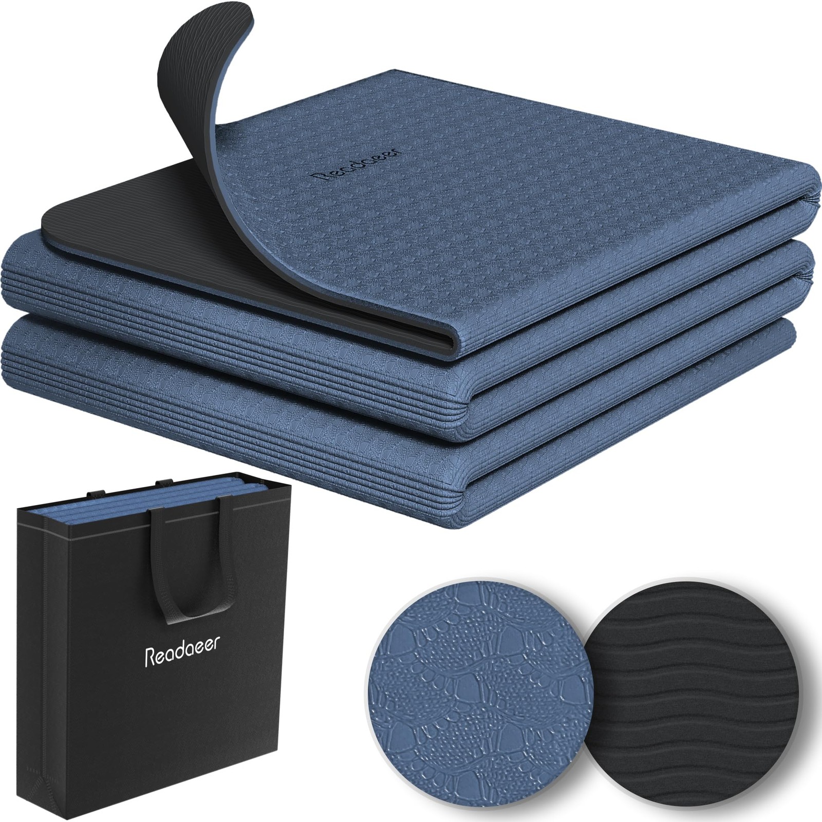 Readaeer Foldable Yoga Mat for Travel Folding 72″ L x 24″ W x 0.24″ H, Blue