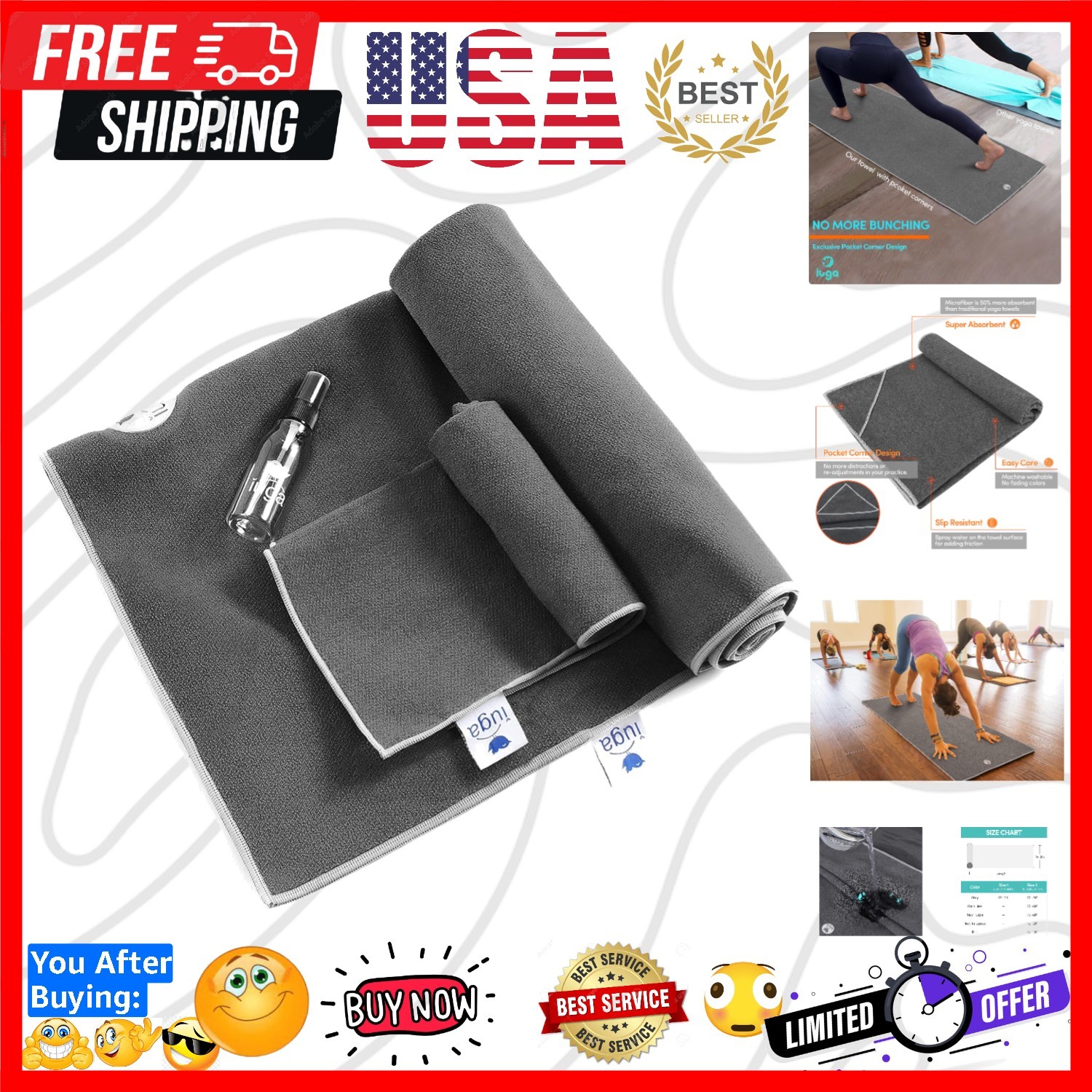 Yoga Towel for Hot Yoga Non Slip Extra Thick Yoga Mat Towel + Hand Towel 2in1…