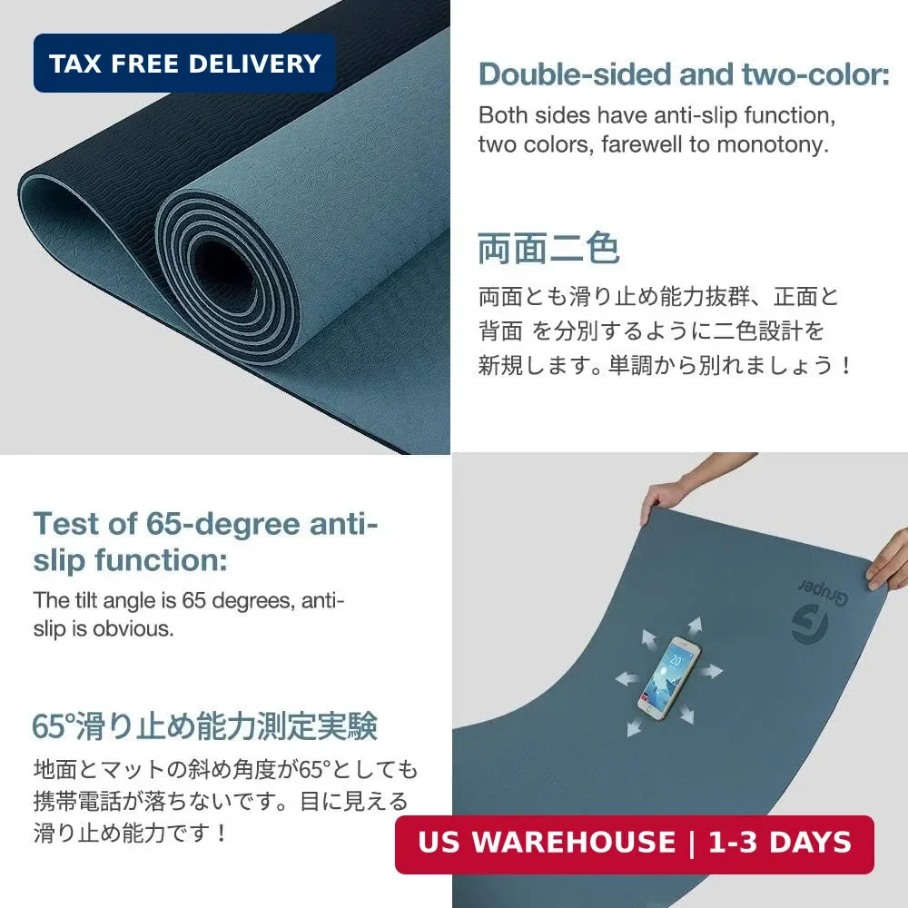 Gruper Yoga Mat Non Slip, Eco Friendly Fitness Exercise Mat with Carrying Strap,