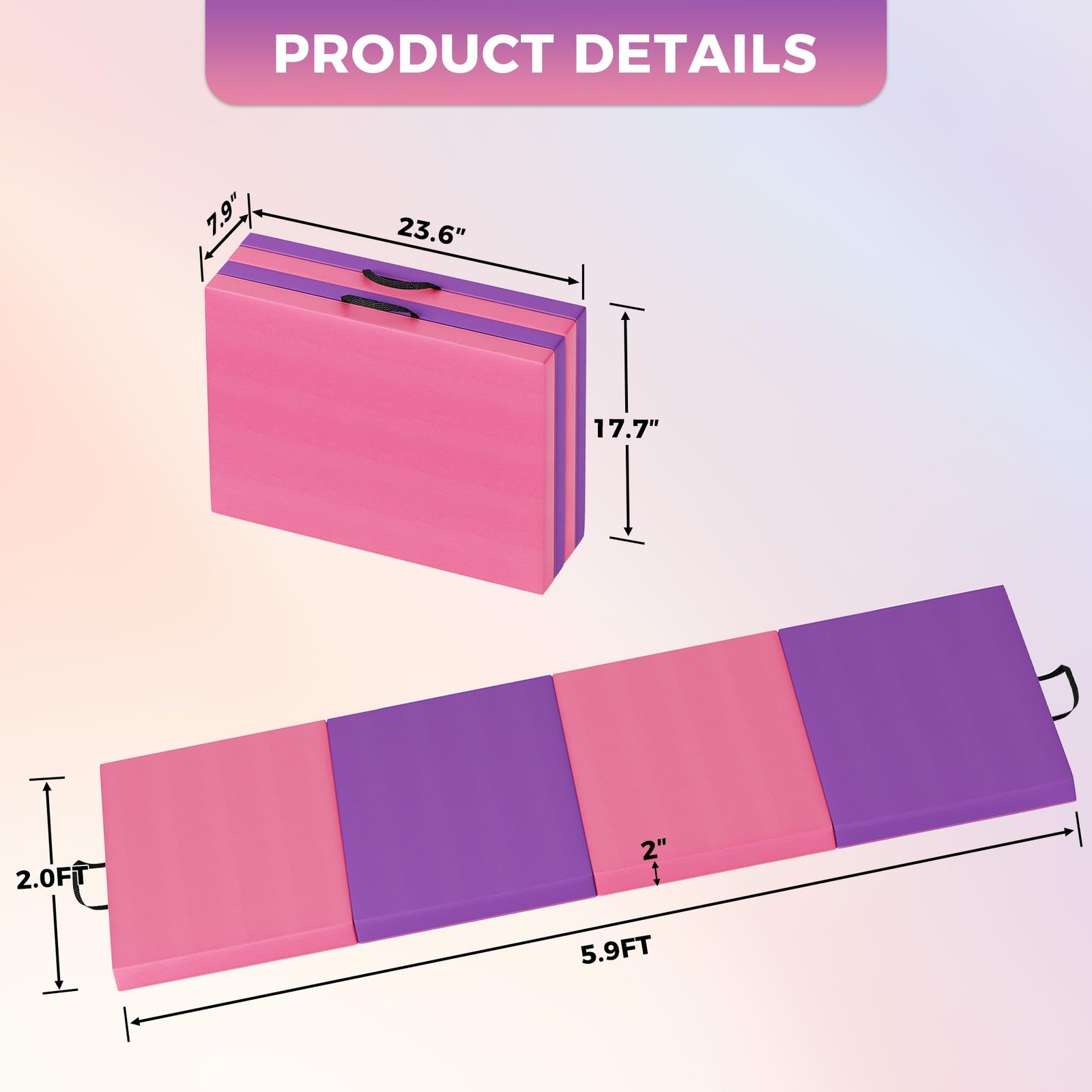 6x2ft 4-Fold Gymnastics Mat Thick Tumbling Mat with Handles for Pilates Martial