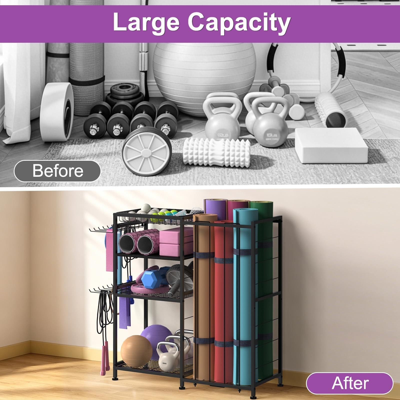 4-Tier Yoga Mat Holder & Home Gym Storage Rack with Hooks & Baskets – Metal Orga