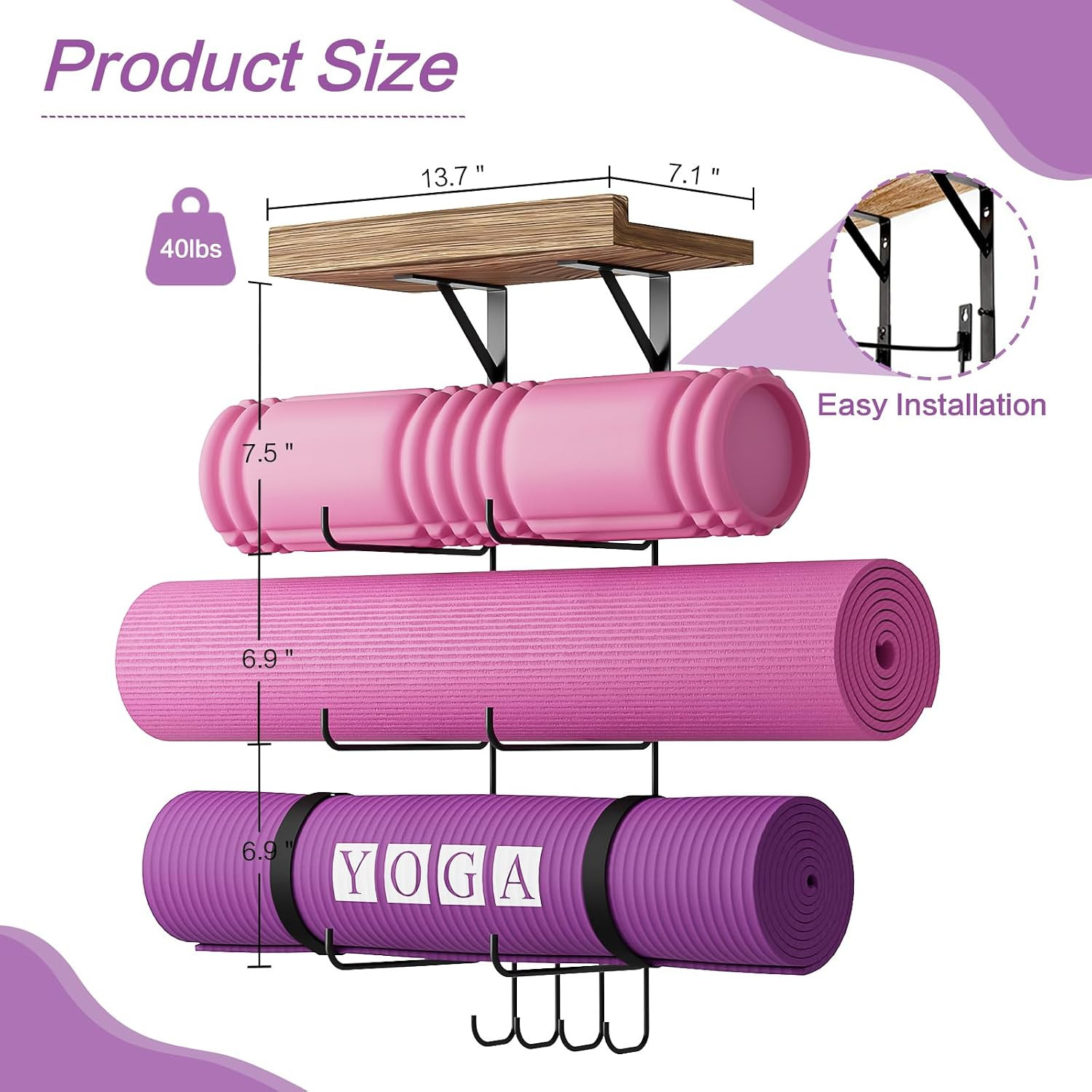 Yoga Mat Holder Wall Mount Yoga Mat Storage Home Gym Accessories with Wood Float