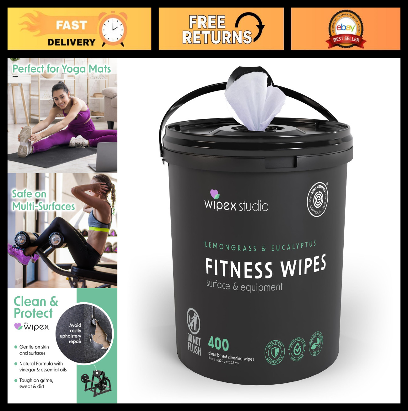 Plant-Based Yoga Mat Cleaner Wipes, 400 Ct, EWG Verified, Lemongrass & Eucalyptu