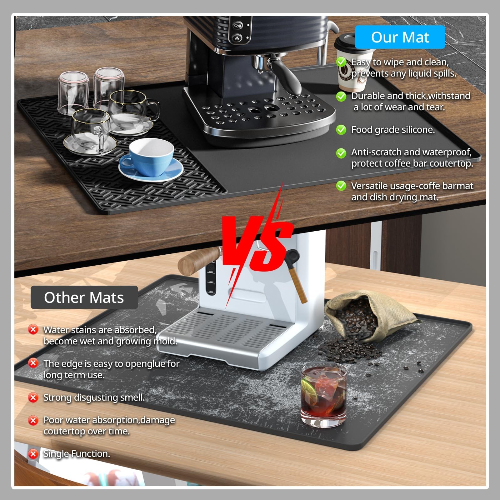 Silicone Coffee mat 24”x16” – Non-Slip Bar Mat with Detachable Drying La