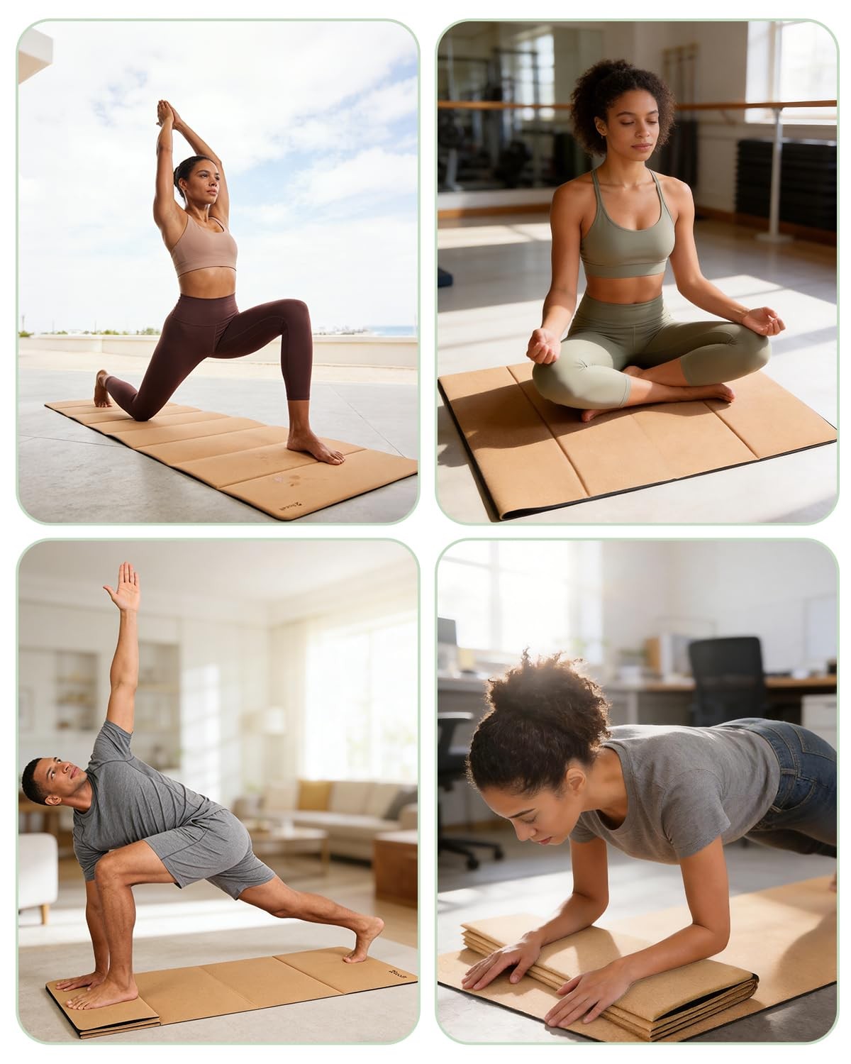 Foldable Cork Yoga Mat for Travel, Non Slip Lightweight Yoga Mat with Carry S…