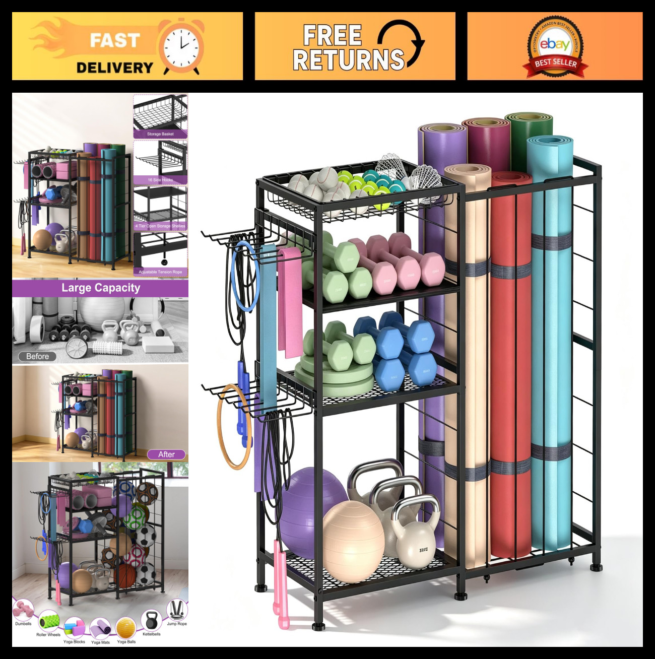 4-Tier Yoga Mat Holder & Home Gym Storage Rack with Hooks & Baskets – Metal Orga