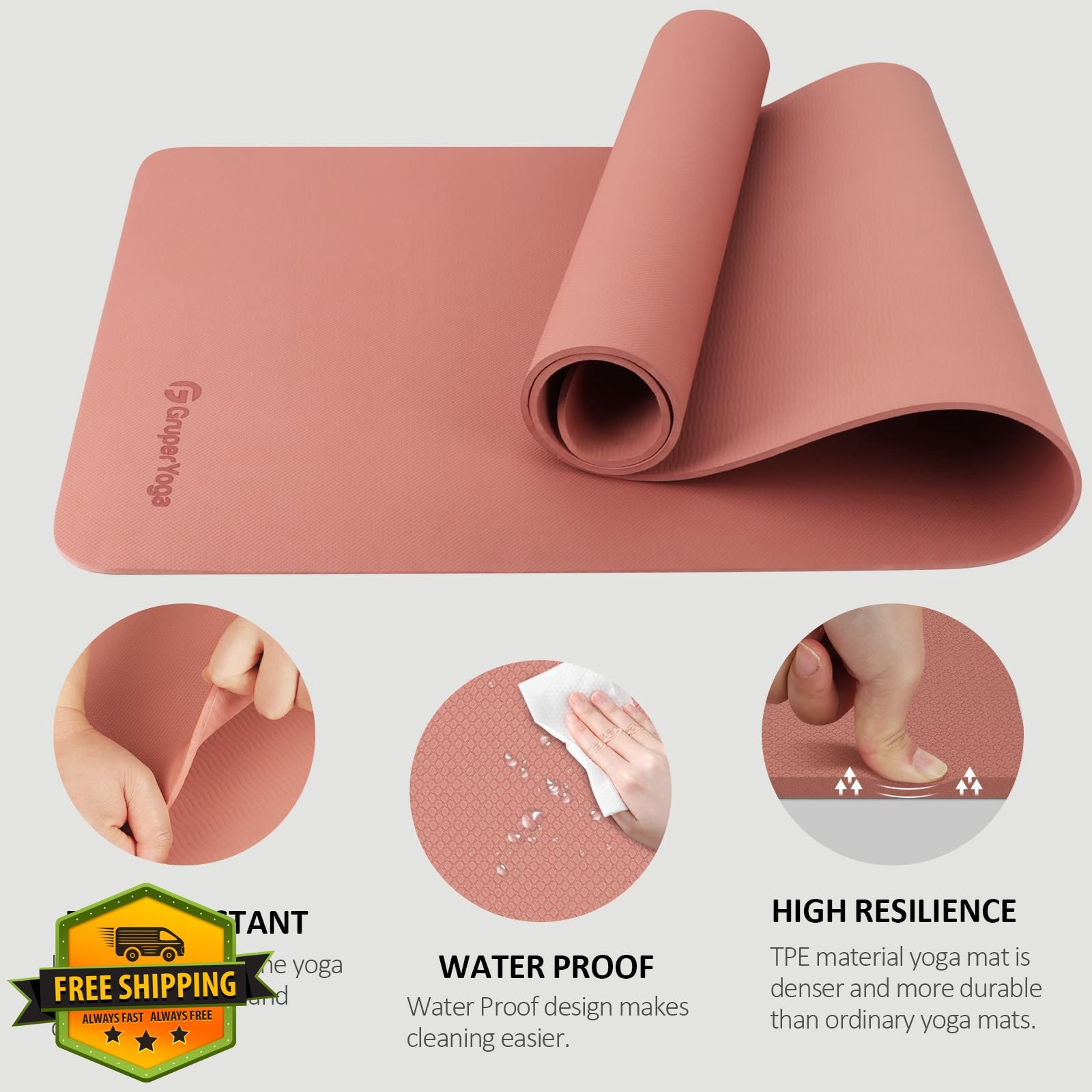 Gruper Non Slip Yoga Mat 72″x24″ TPE Exercise Mat Carry Strap Bag