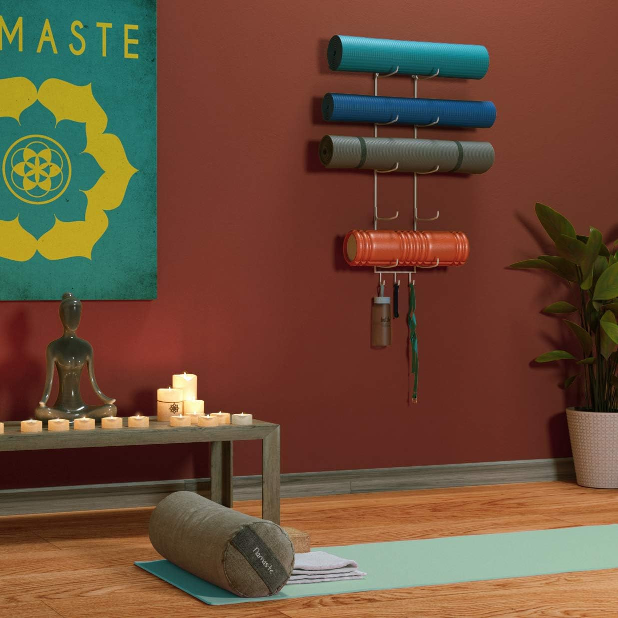 Guru Yoga Mat Holder Wall Mount with 3 Hooks for Hanging Yoga Strap, Resistance
