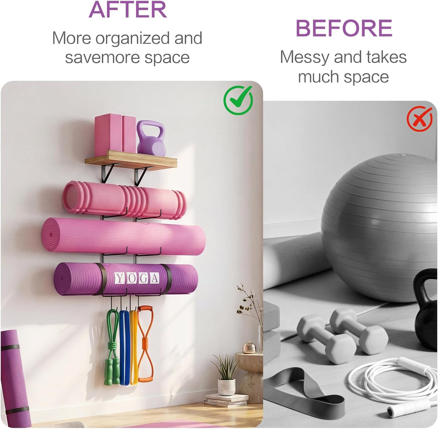 Yoga Mat Holder Wall Mount Yoga Mat Storage Home Gym Accessories with Wood Float