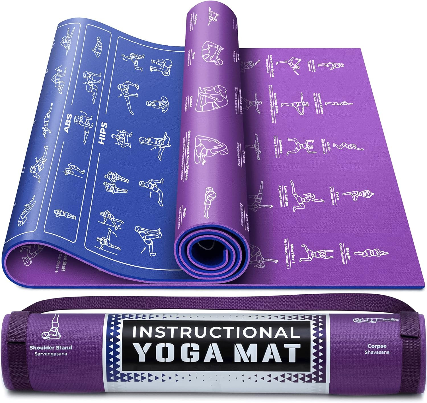 Instructional Yoga Mat with Poses Printed on It & Carrying Strap – 75 Illustrate