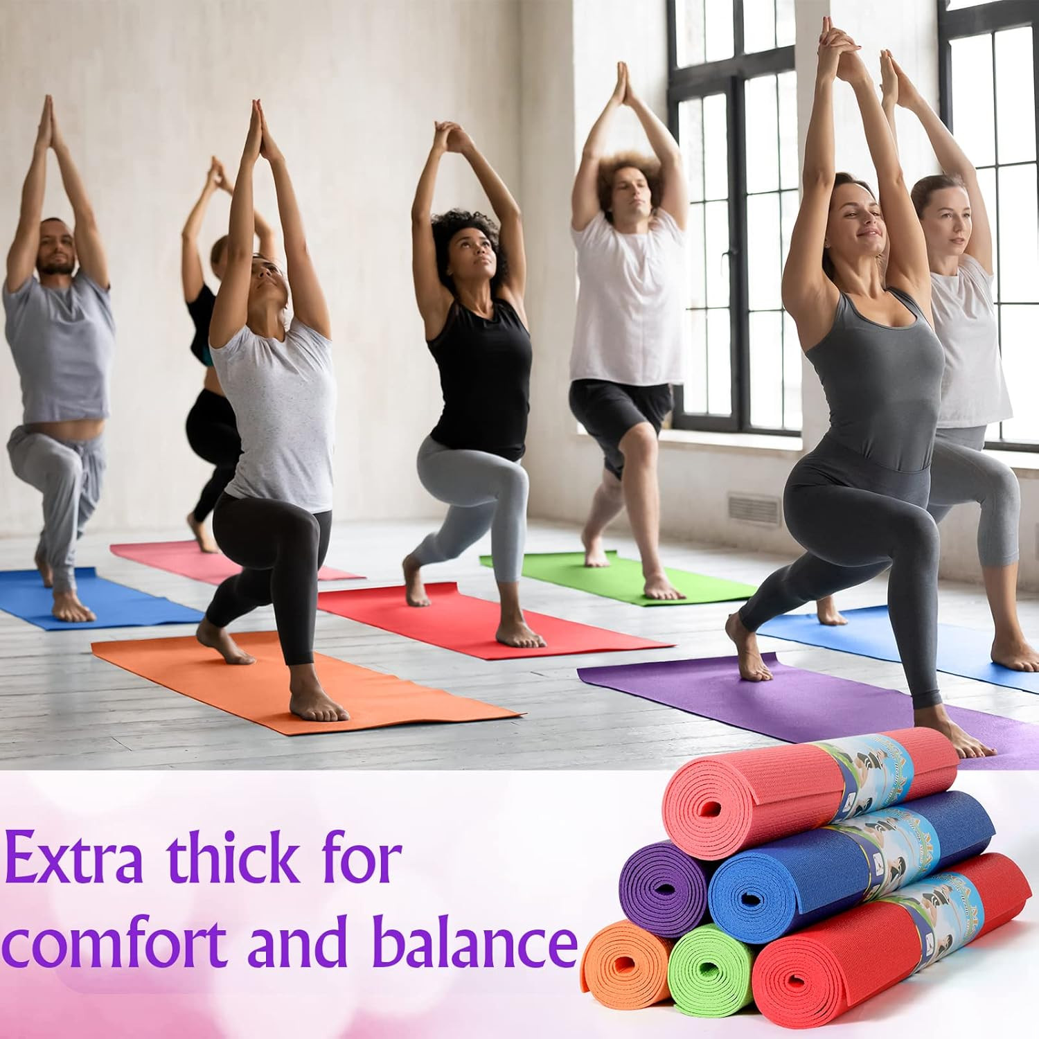 Bulk 18 Non-Slip Yoga Mats for Home Gym – 6 Colors, 68″x24″ Fitness Mats