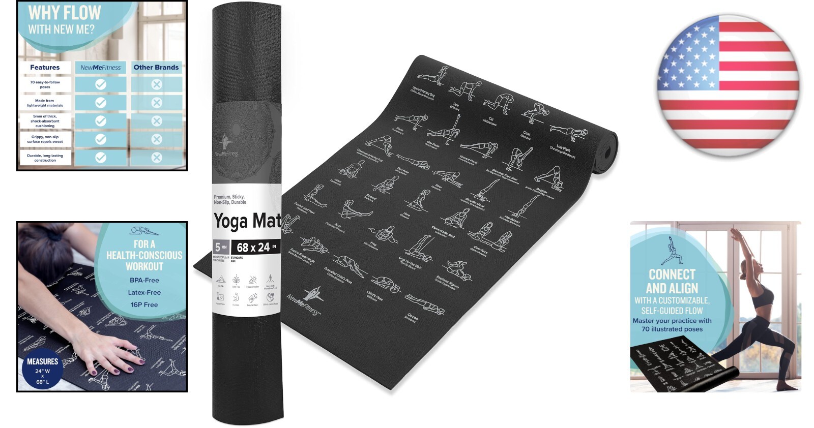 Ample 68-Inch Yoga Mat – 5mm Thick Non-Slip with 70 Printed Poses for All Levels