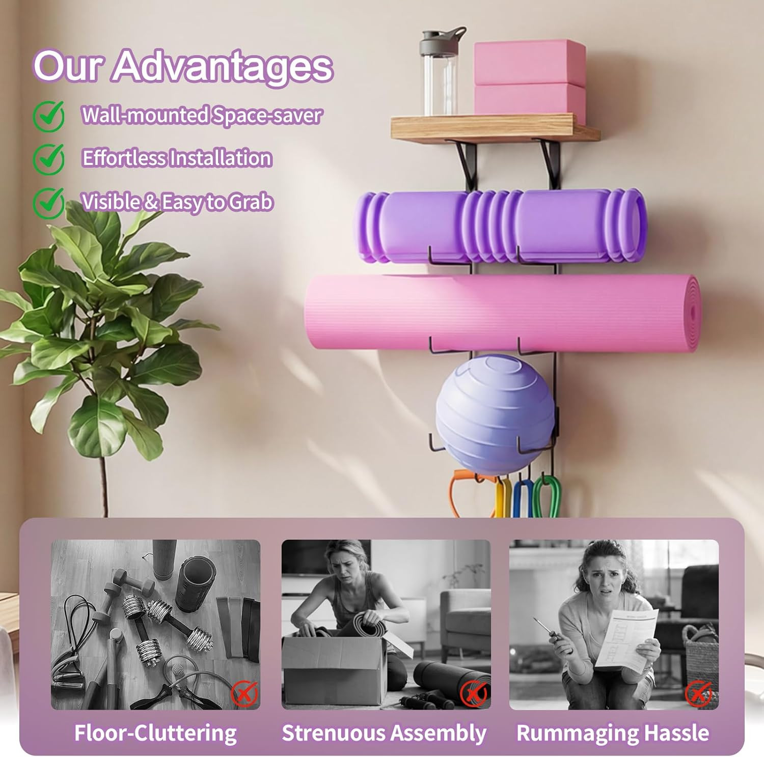 Yoga Mat Holder Wall Mount Yoga Mat Storage Home Gym Accessories with Wood Float