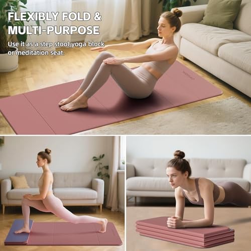 7-Fold Yoga Mat 70″x24″ – 1/2 Inch Thick Folding Exercise Mat, Pink + Navy