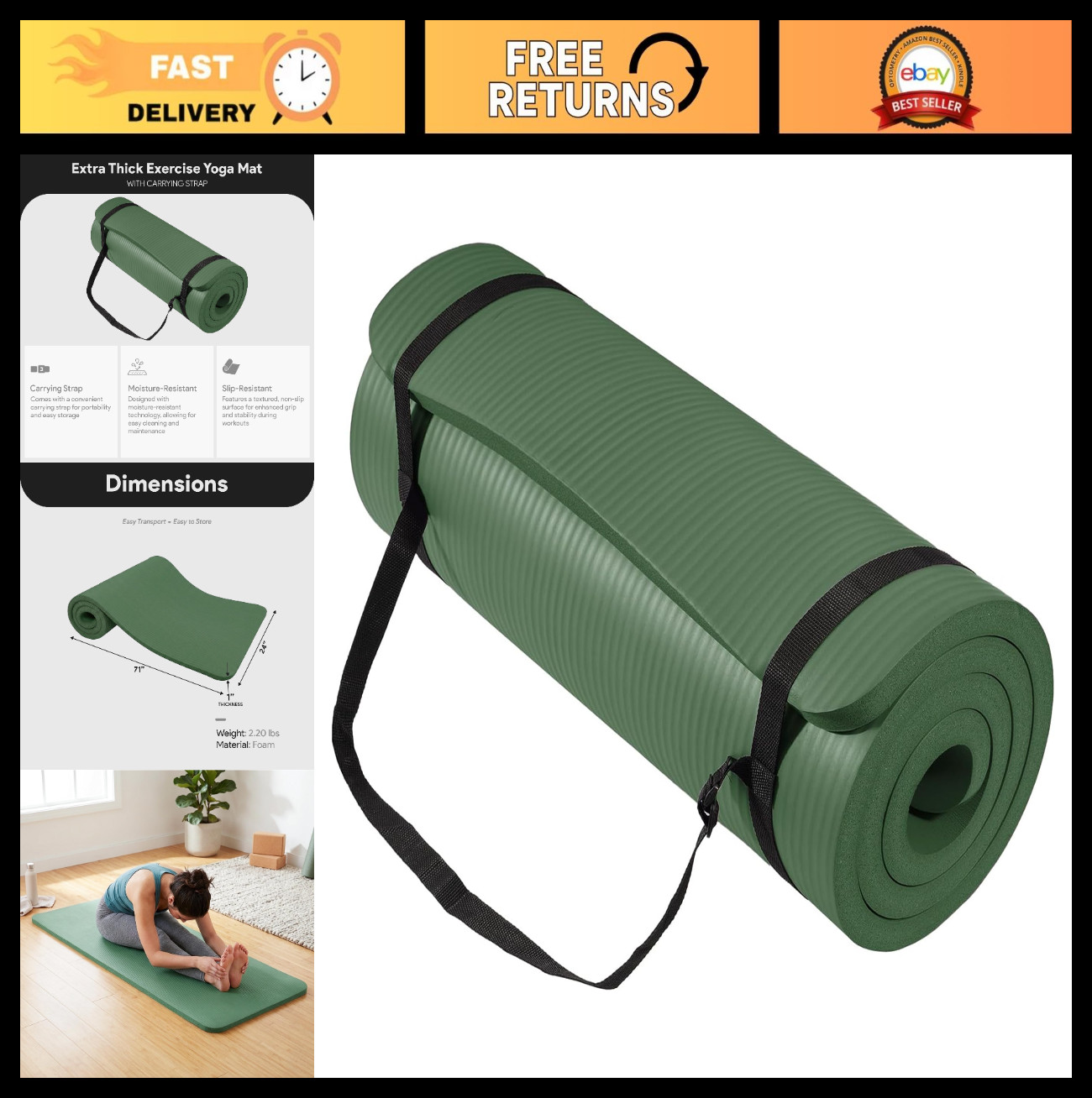 Extra Thick 1-Inch Yoga Mat – High Density, Anti-Tear, Carrying Strap, Multi Col