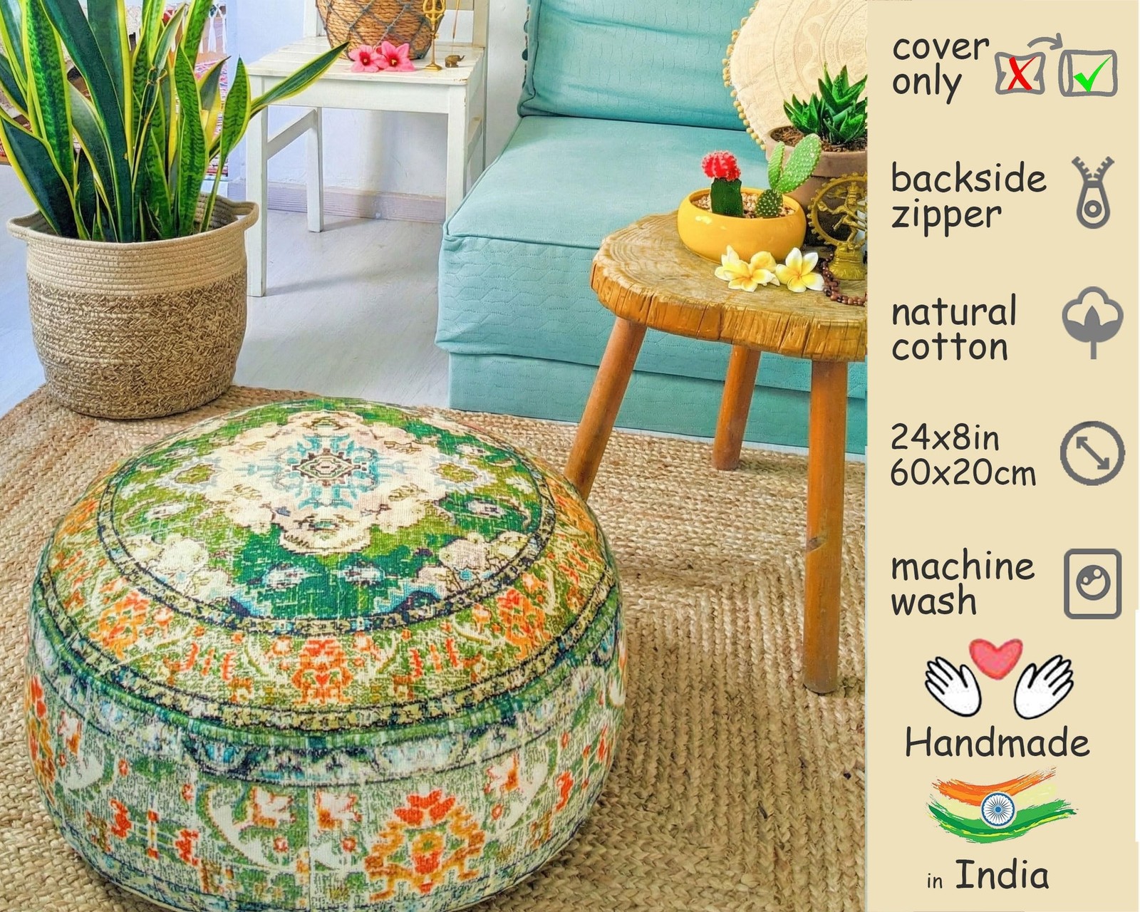 Indian Yoga Décor Pouf Cover Green Round Green Floor Pillow Case Room D