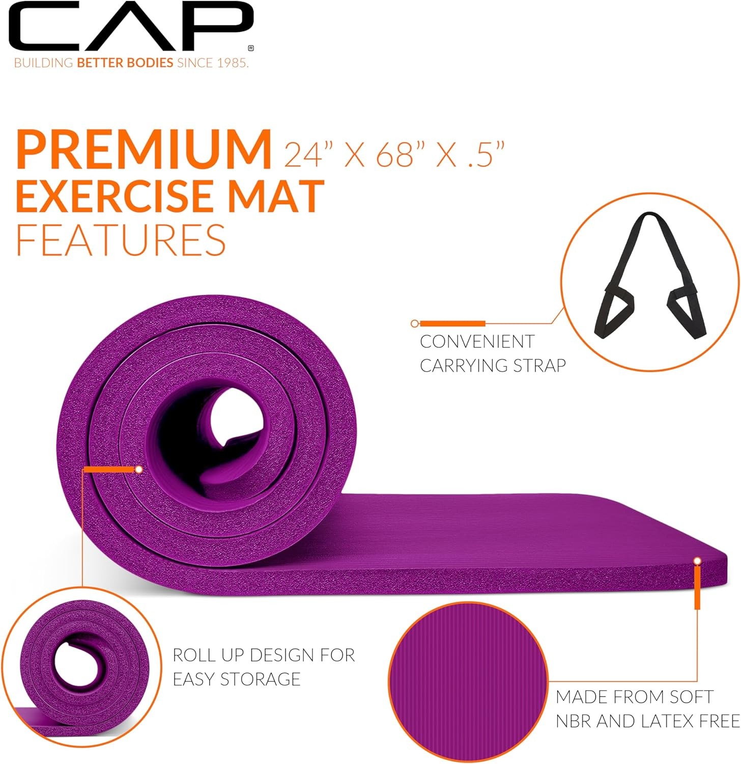 CAP Barbell 1/2-Inch High Density Exercise Yoga Mat with Strap | Multiple Option