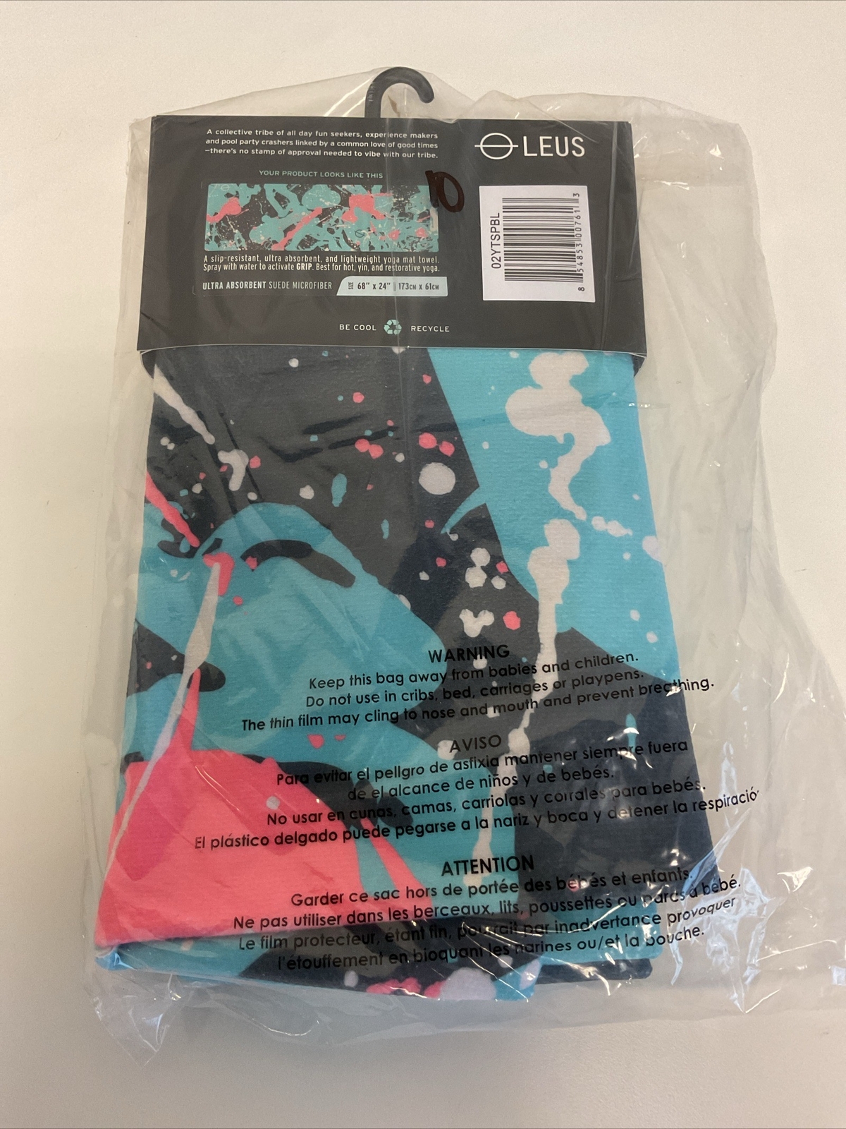 Leus Yoga Mat Towel Suede Microfiber 68”x24” – Paint Splatter Blue/Pink