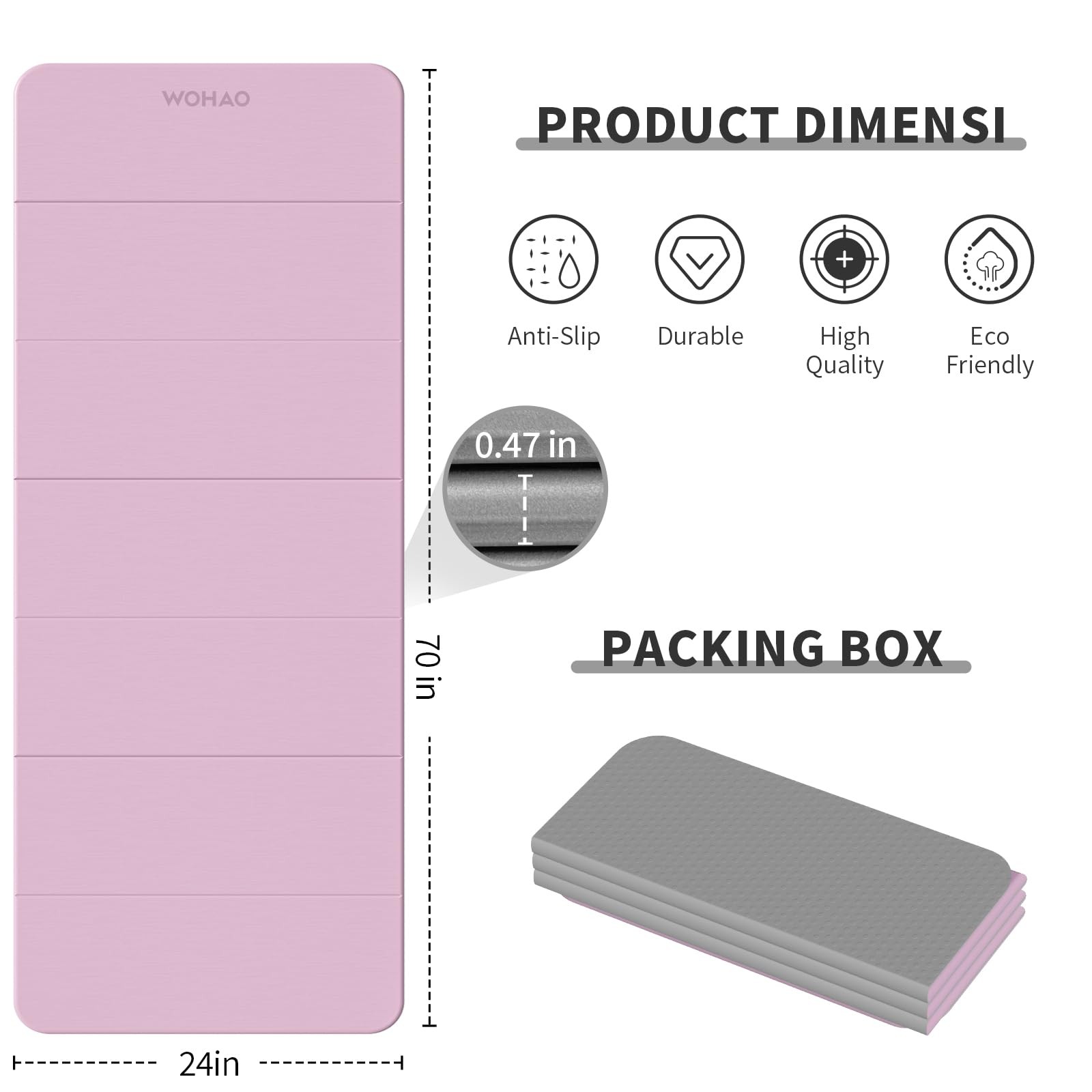 WOHAO Foldable Yoga Mat 70″x24″ – Thickened TPE Taro Purple + Warm Gray