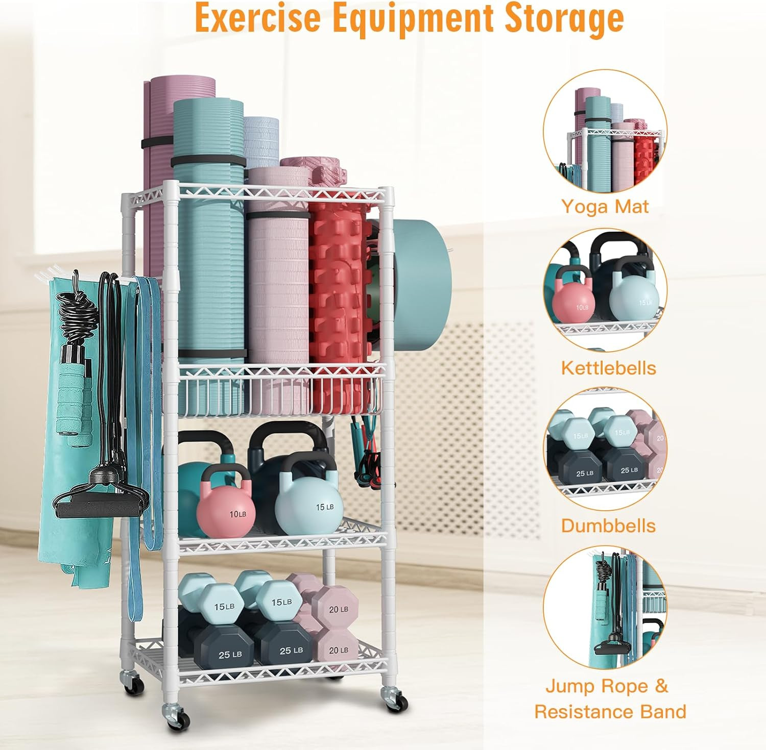 S1 Home Gym Storage, 3-Tier Workout Equipment Organizer with Wheels for Yoga Mat