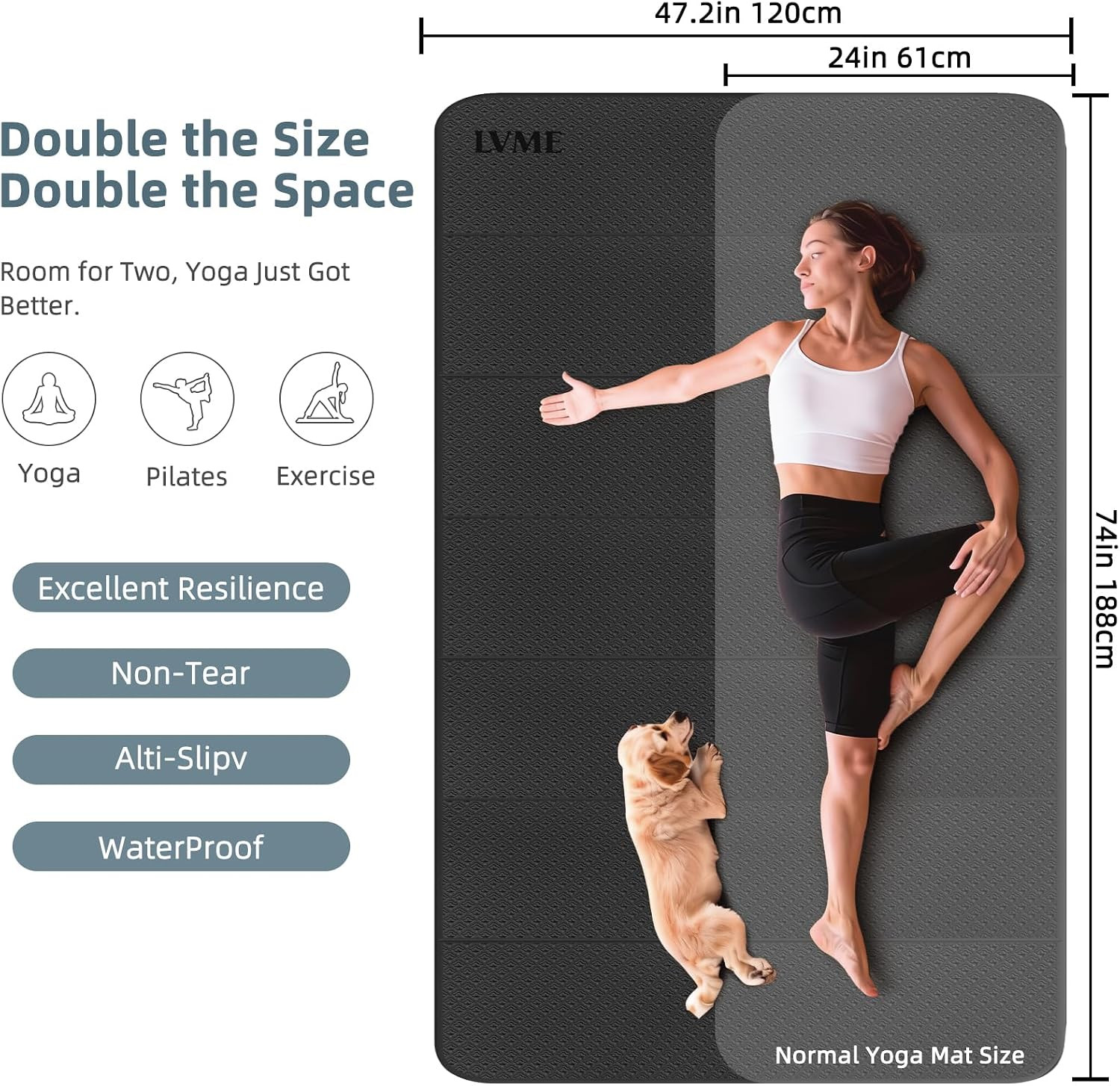 Extra Large 2-Person Yoga Mat, Foldable & Non-Slip, 74″x47.2″ for Home Gym