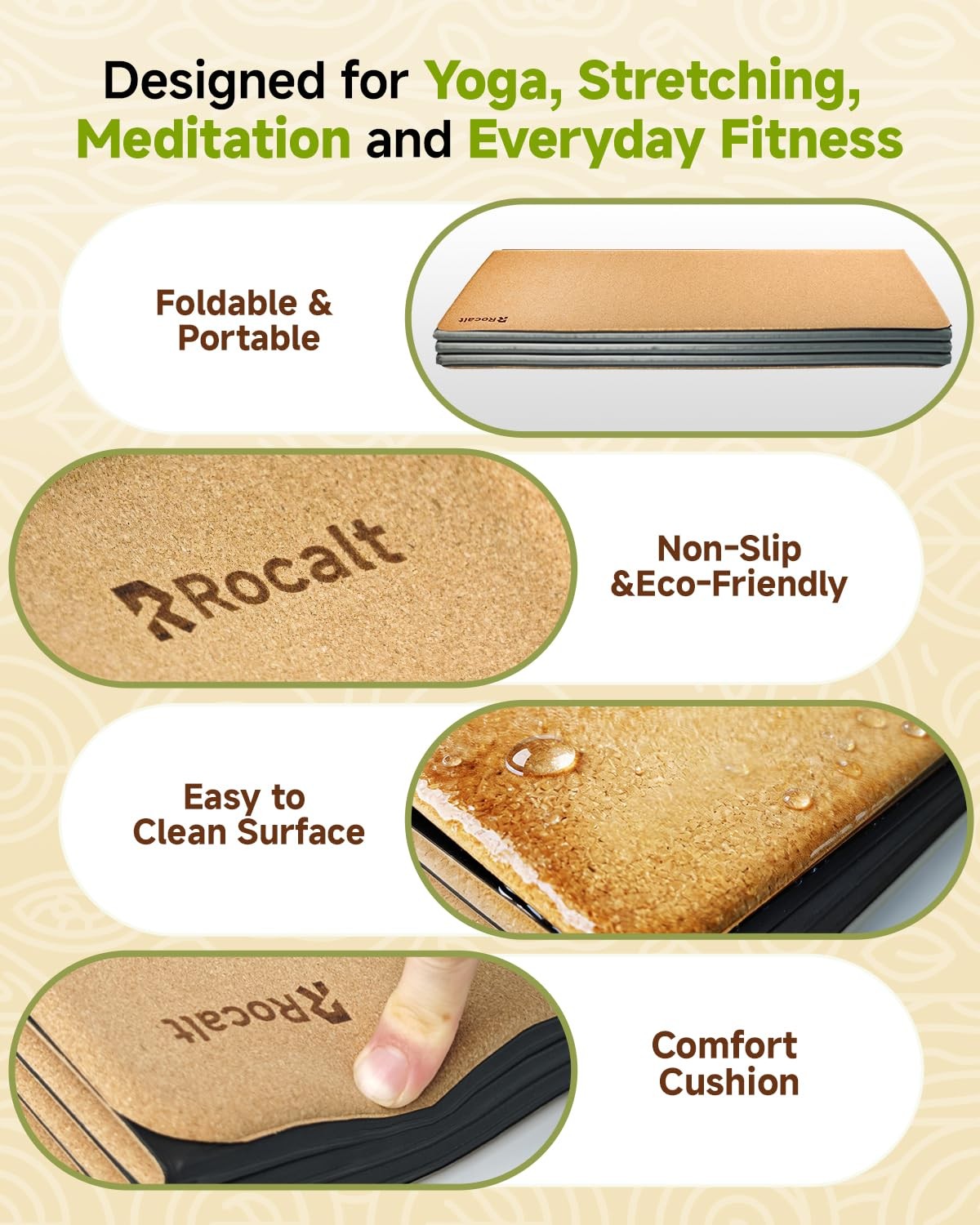 Foldable Cork Yoga Mat for Travel, Non Slip Lightweight Yoga Mat with Carry S…