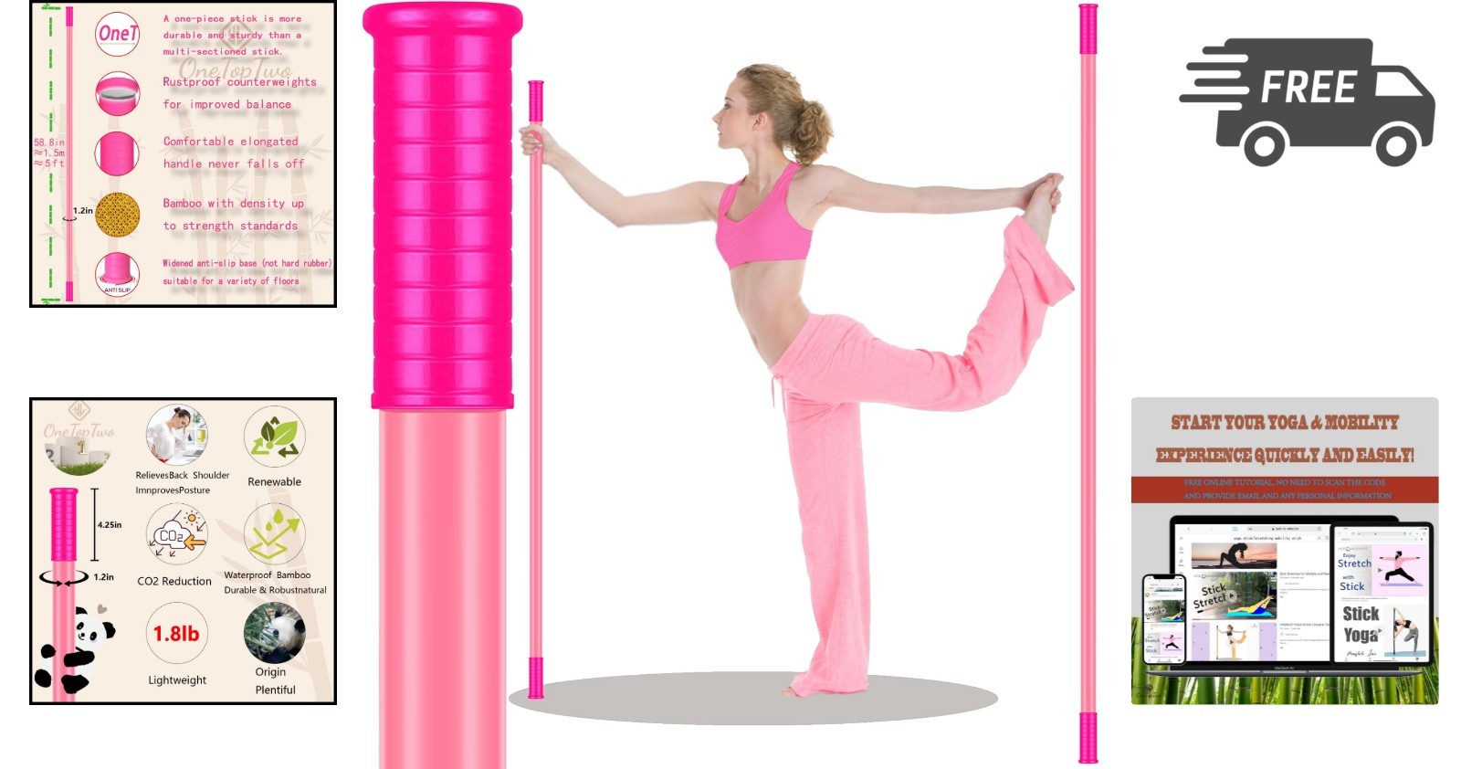 Yoga Stick 5ft Bamboo Non Slip Handle Flexibility Mobility Stretching