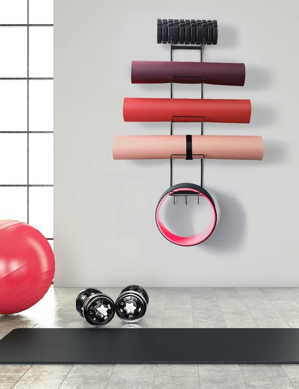 5-Tiers Yoga Mat Holder Wall Mount, Metal Storage Rack for Yoga Mat/Wheels, Foam