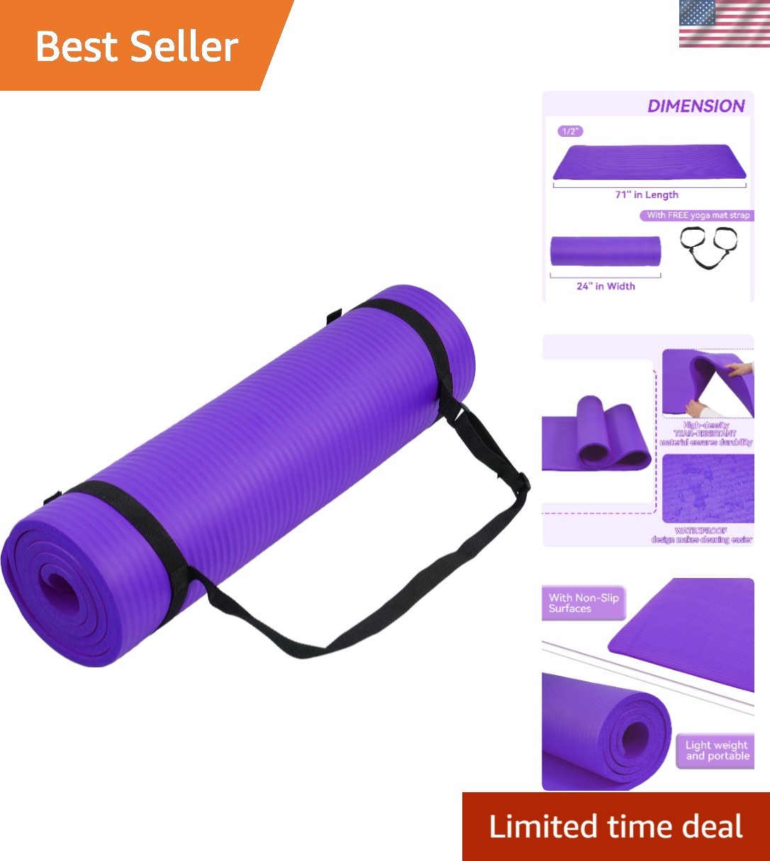 High Density Extra Thick Yoga Mat with Strap – Superior Comfort & Safety