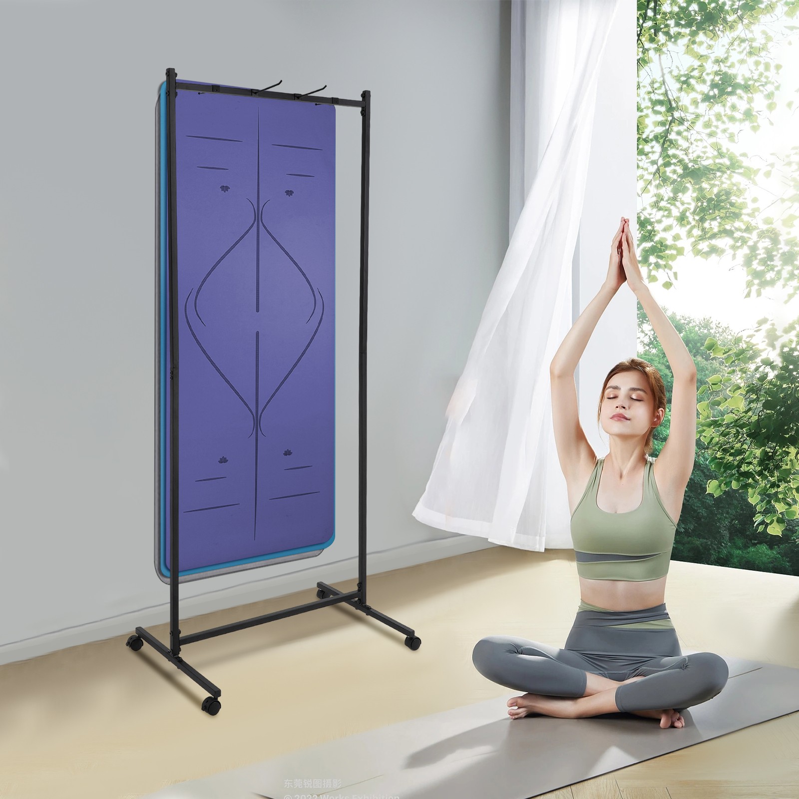 185cm Yoga Mat Holder Hanging,Iron Yoga Mats Storage Rack w/ Double Sided Hooks