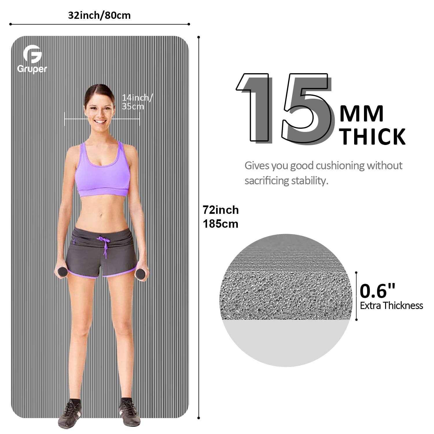 Gruper Thick Yoga Mat Non Slip, Large Size 72″ L x 72 x 32 x 0.6 inches, Grey