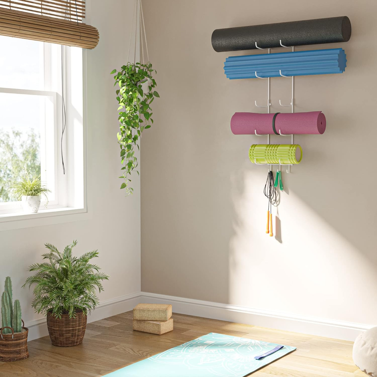 Guru Yoga Mat Holder Wall Mount with 3 Hooks for Hanging Yoga Strap, Resistance