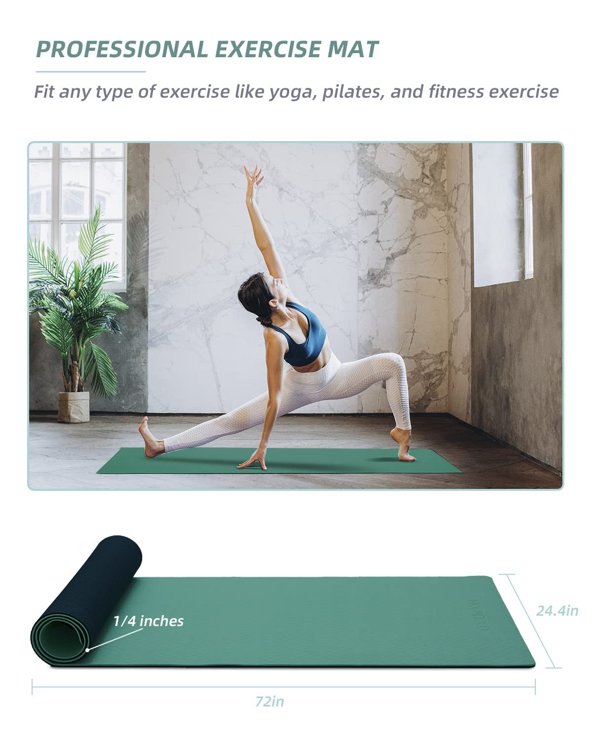 COOLMOON Yoga Mat Non Slip, Anti-Tear 1/4 Thick TPE Mats for HE-GREEN